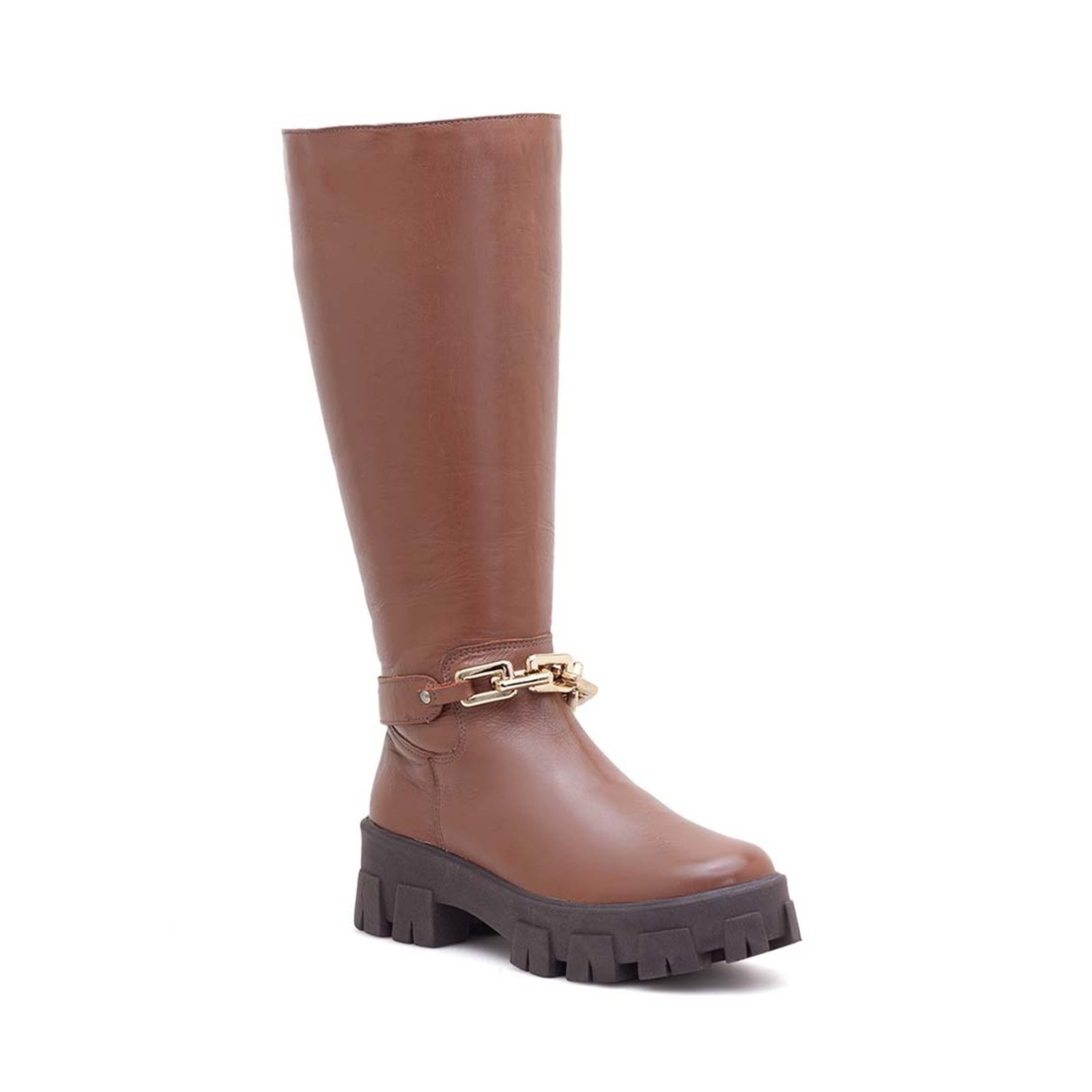 Bota Couro Via Miss Cano Longo Corrente Caramelo