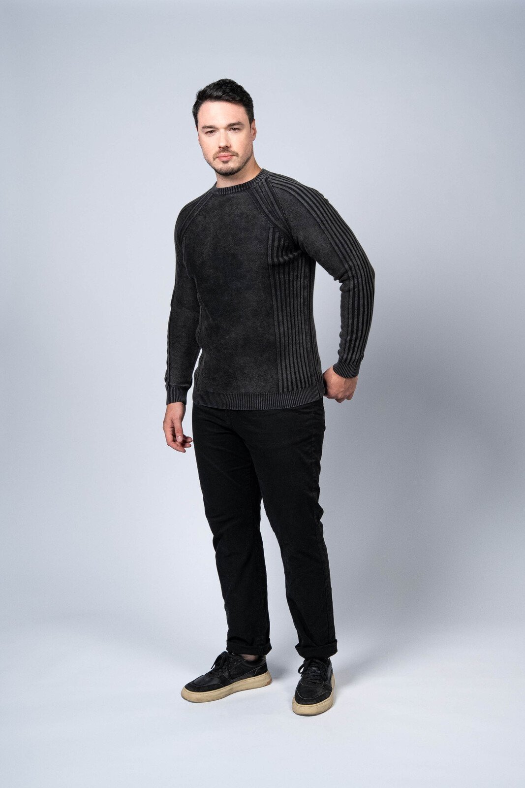 Blusão Tricô Algodão Raglan Grafite Estonado