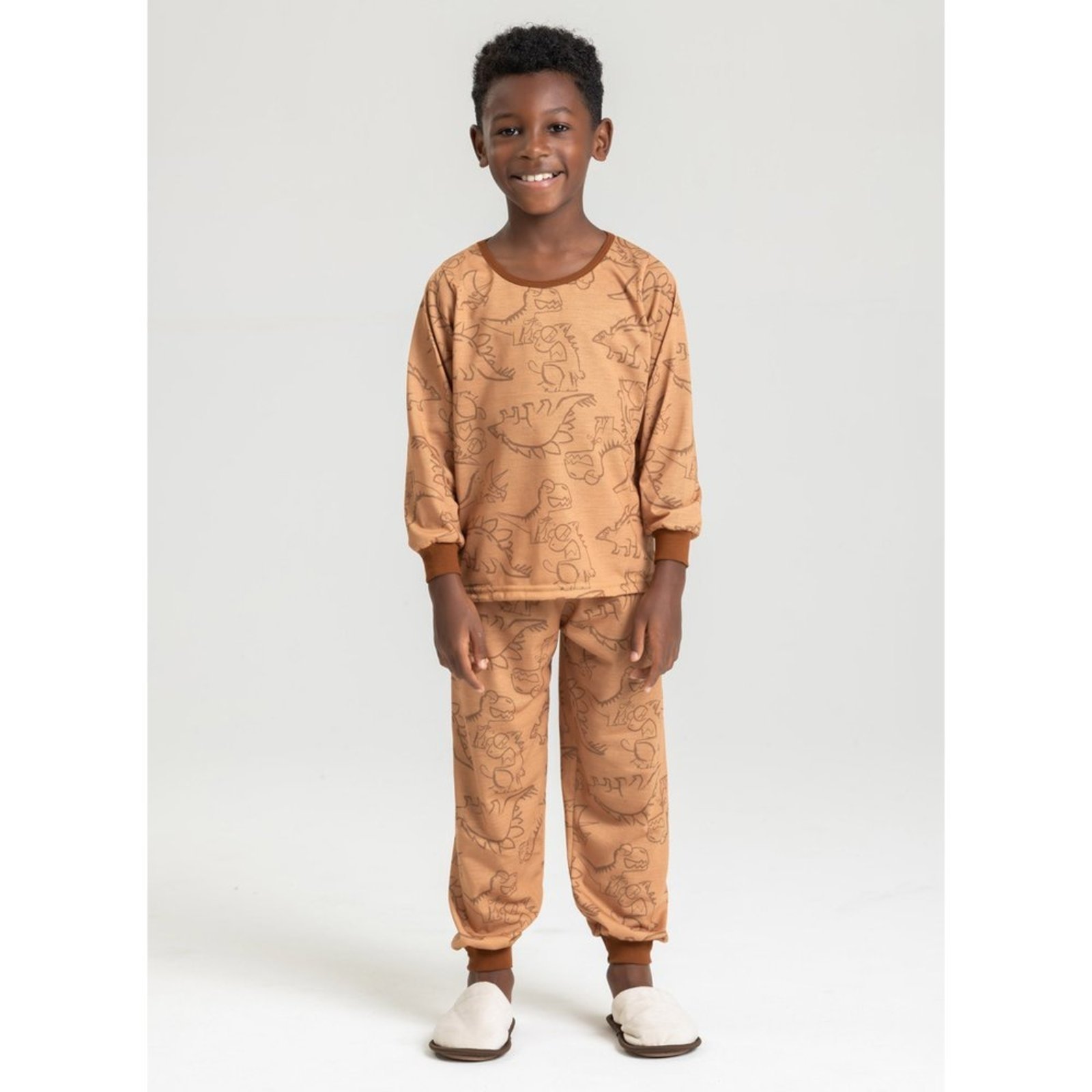 Pijama Longo Marrom Menino Era dos Dinossauros
