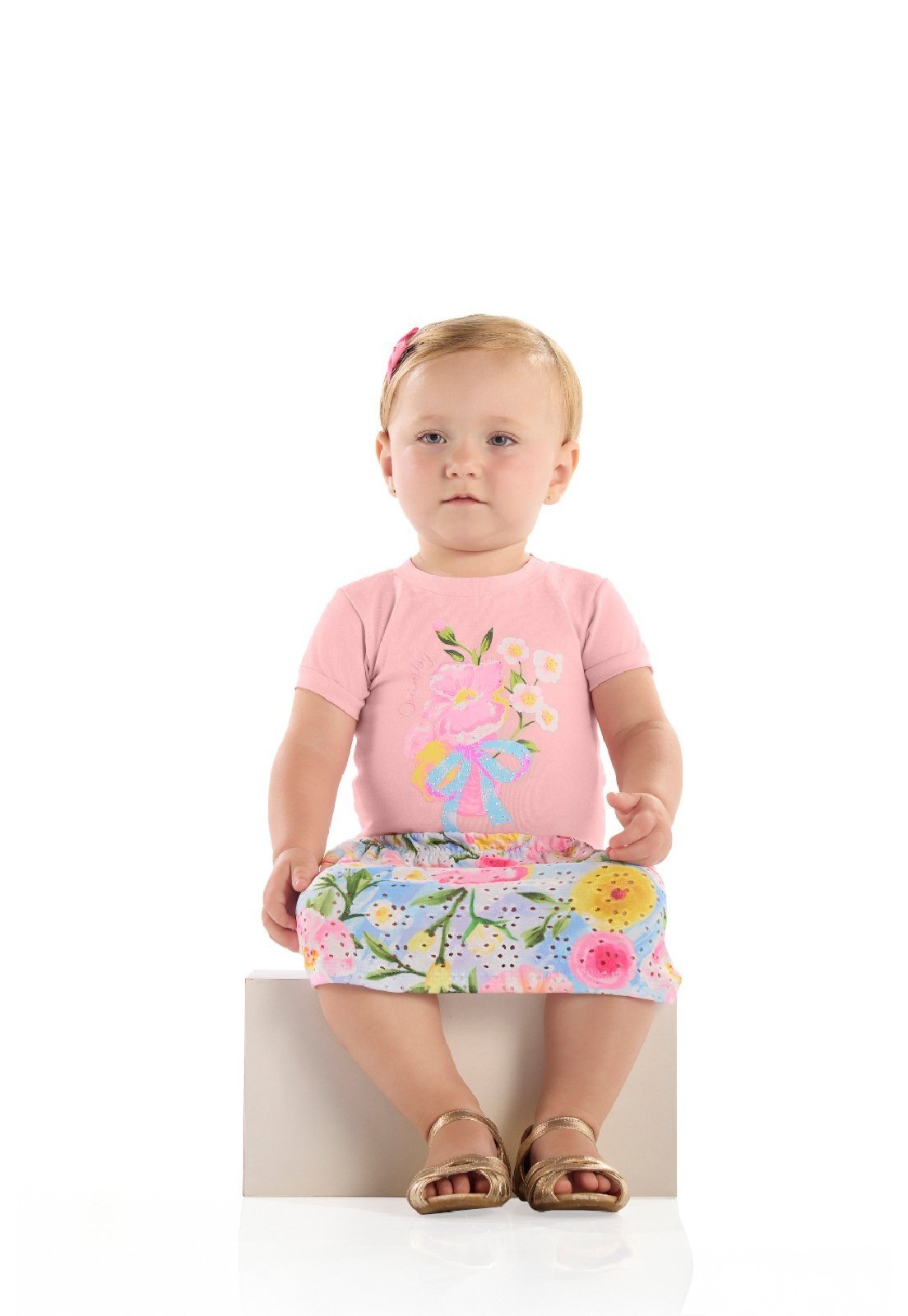 Infantil - Conjunto Blusa Saia-Short Estampado Quimby Rosa