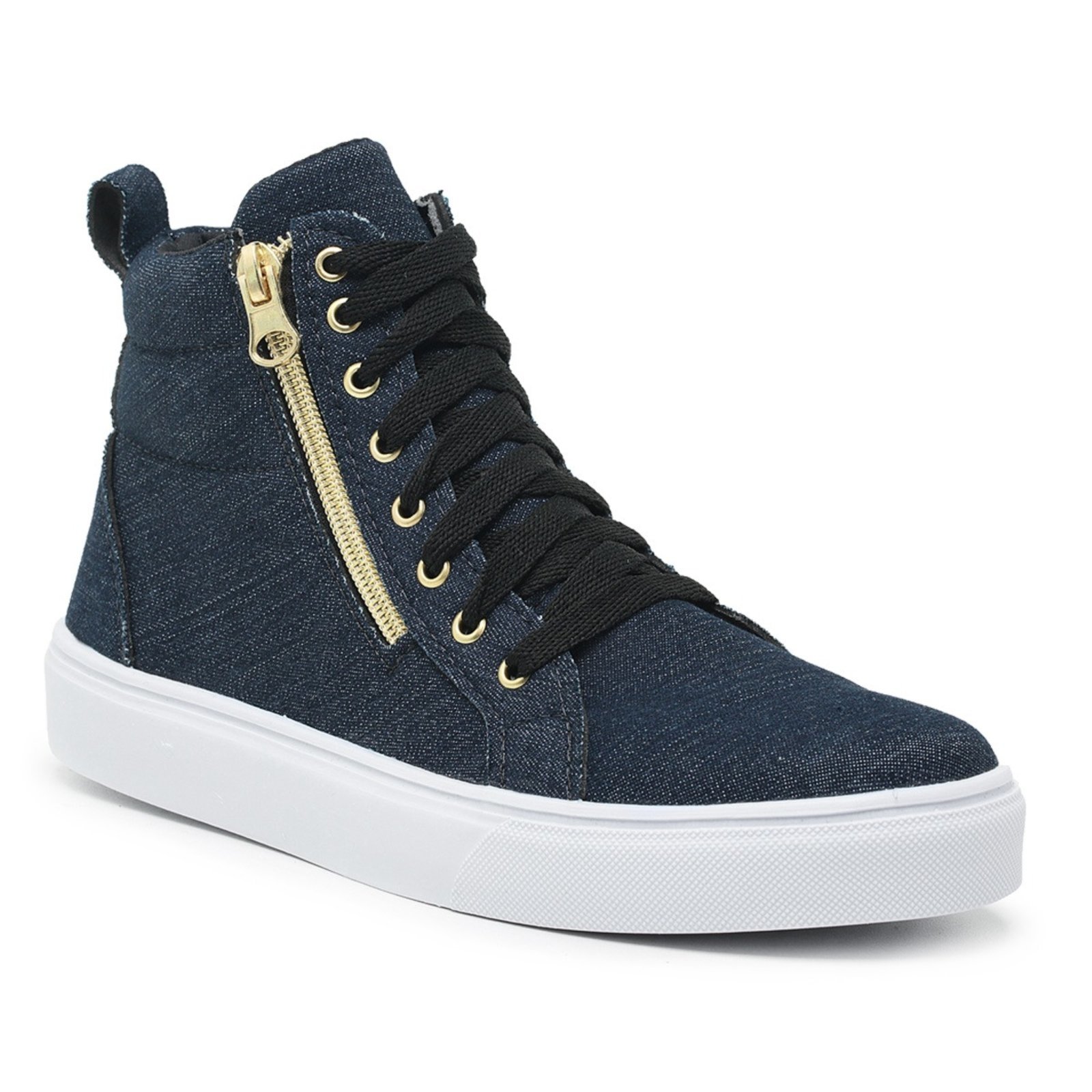 Sneaker Tênis Casual Botinha Feminina Cano Alto Sola Alta Emborrachada Zíper Lateral Amarração Jeans