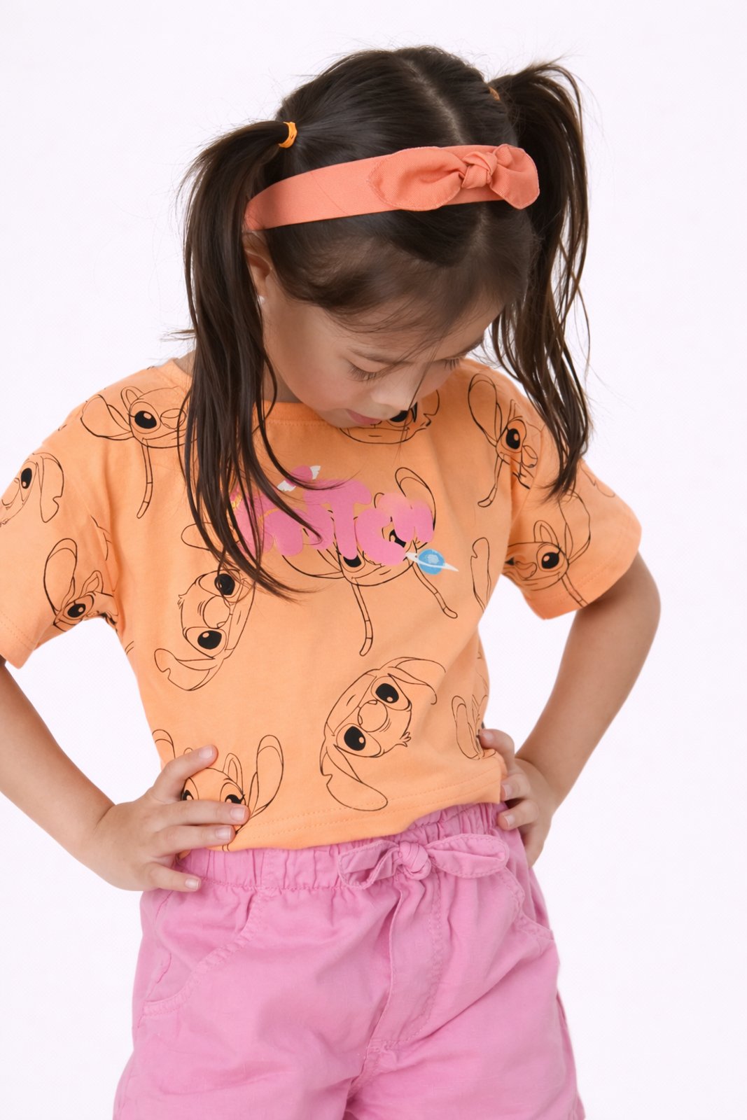 Infantil - Blusa Stitch e Angel Planeta Disney Relevo Divertida Laranja