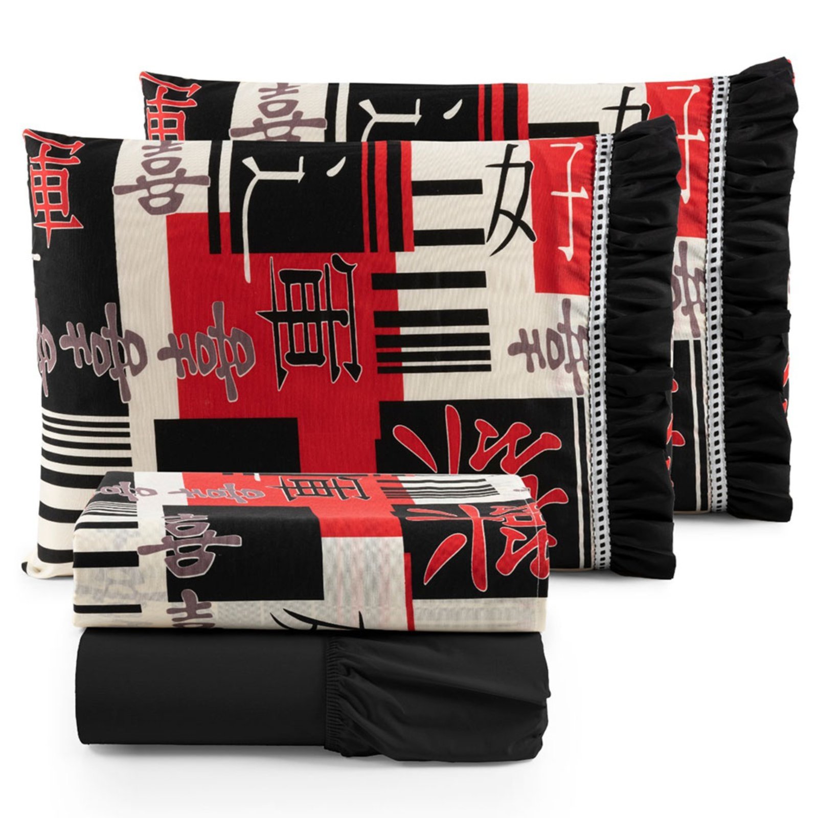 Jogo Cama Lençol Fiore Casa Scarpa King Estampado 180 Fios 100% Algodão com Babadinho 4 Peças Preto Oriental Japonês