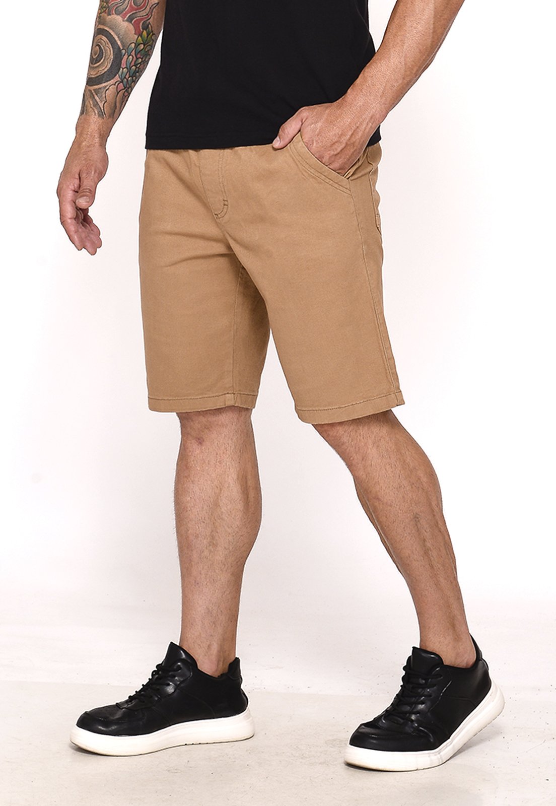 Bermuda Masculina Sarja Cós Elástico Casual Confortável Estilo Urbano Caqui