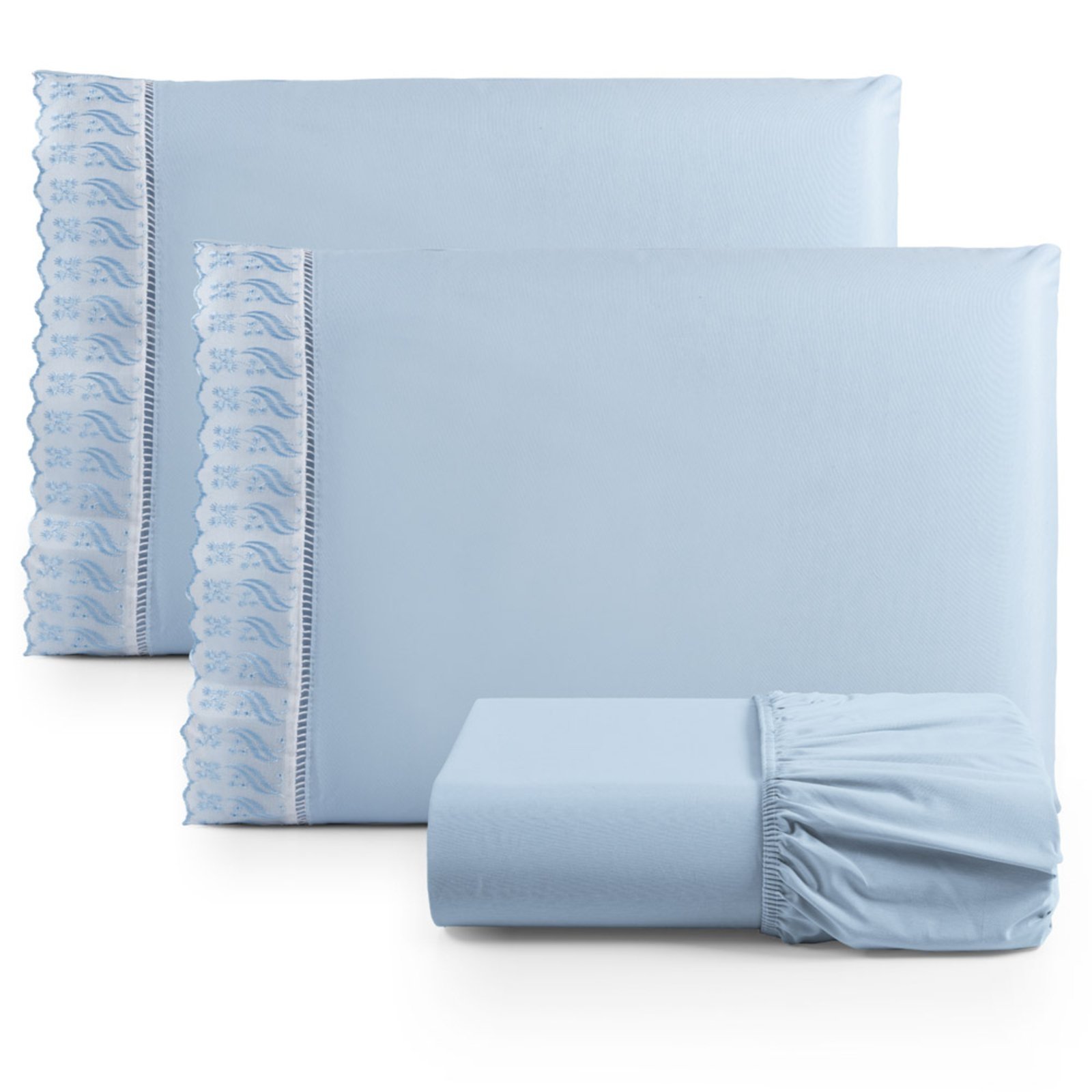 Jogo Cama Lençol Casa Scarpa Paris Queen Percal 180 Fios Algodão Lese Bordada 3 Peças - Azul Claro