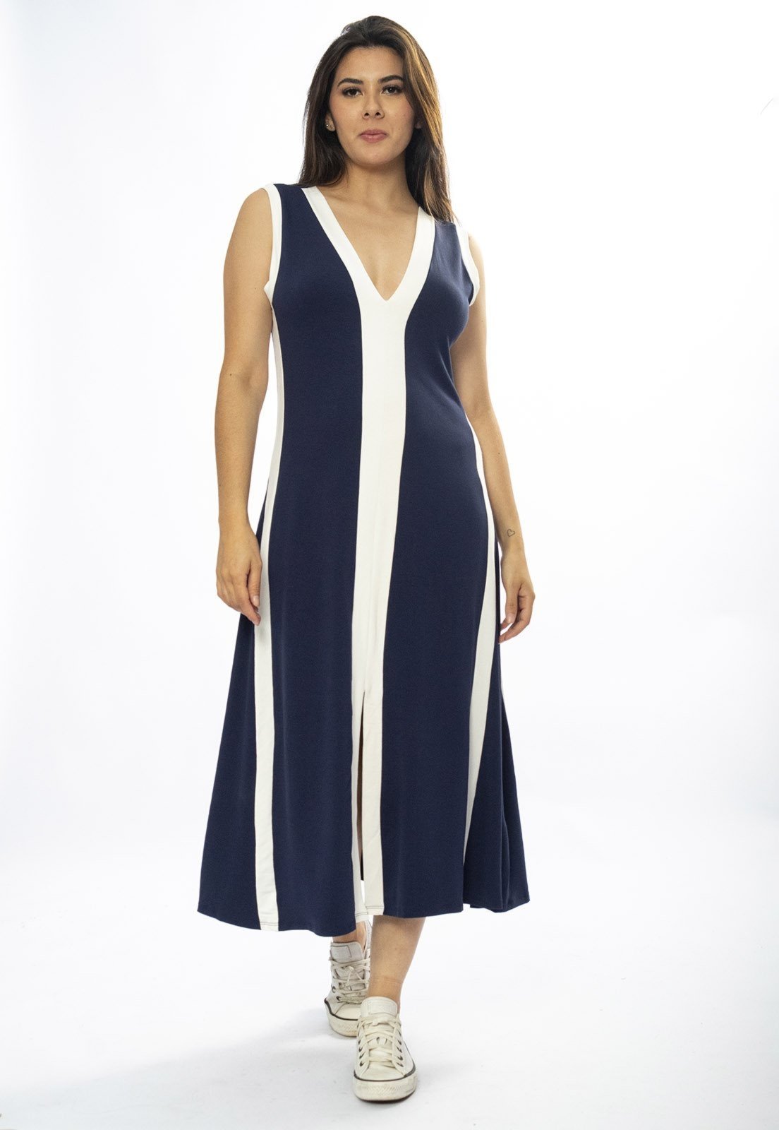 Vestido Midi Amazônia Vital Fenda Frontal Color Block Azul Marinho