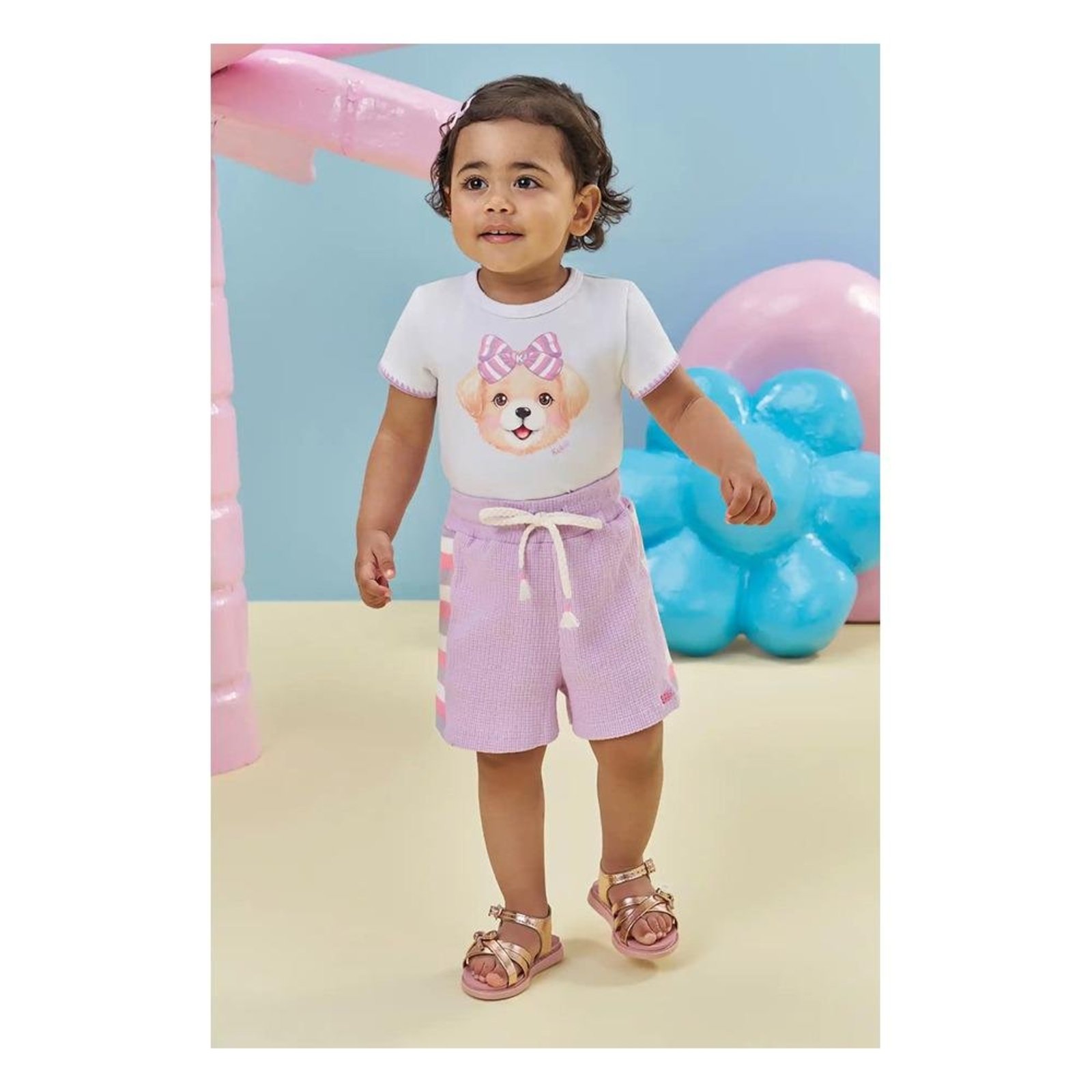 Infantil - Conjunto Body Cachorrinho Shorts Kukiê Branco Rosa G Unico