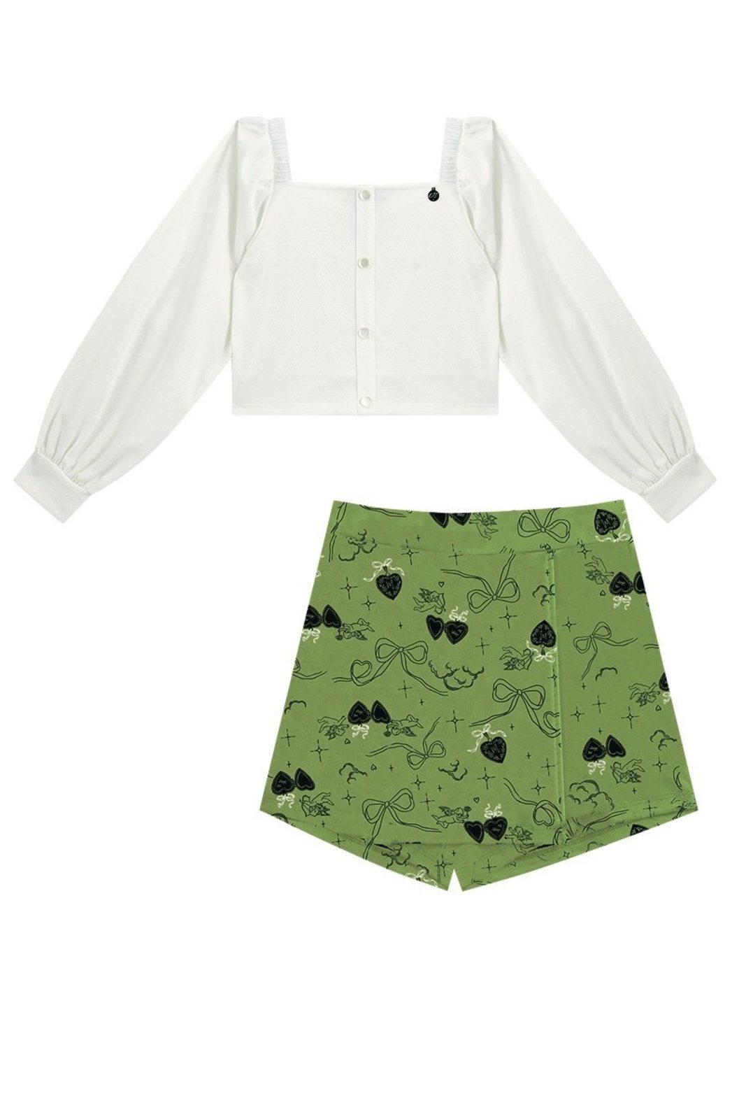 Infantil - Conjunto Verde Blusa Texturizada e Shorts Saia Estampado