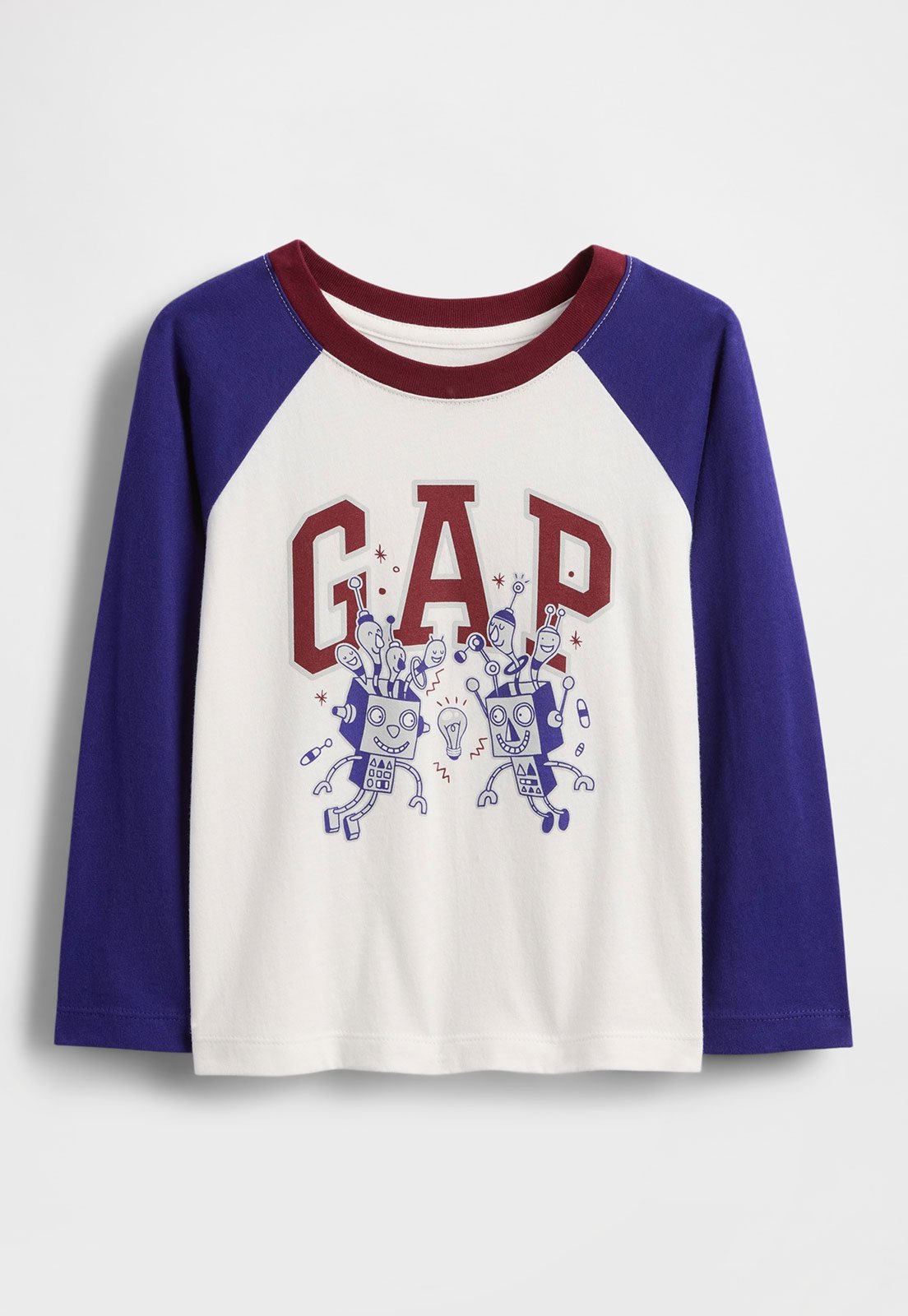 Camiseta GAP Manga Longa Estampa Robôs Off-White e Azul