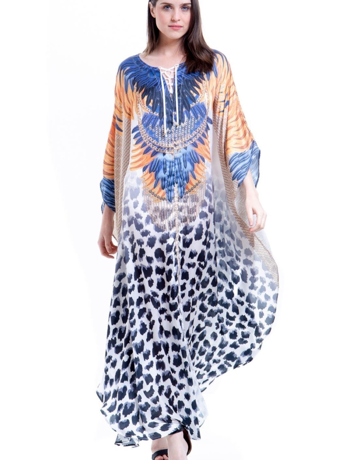 Vestido Kaftan Longo Cetim Estampado EXCLUSIVO Animal Print Laranja Azul