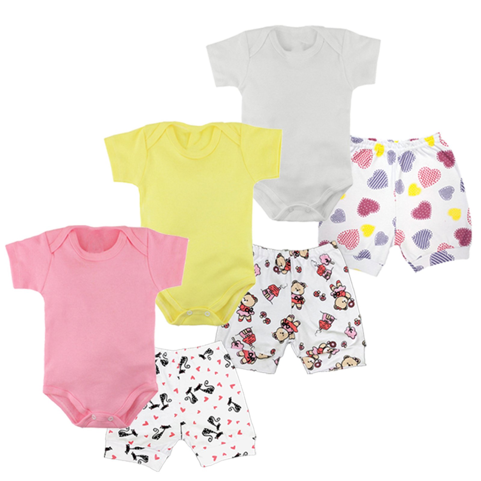 Infantil – Kit Enxoval Verão Body Manga Curta e Short Estampado 6 Pçs Rosa