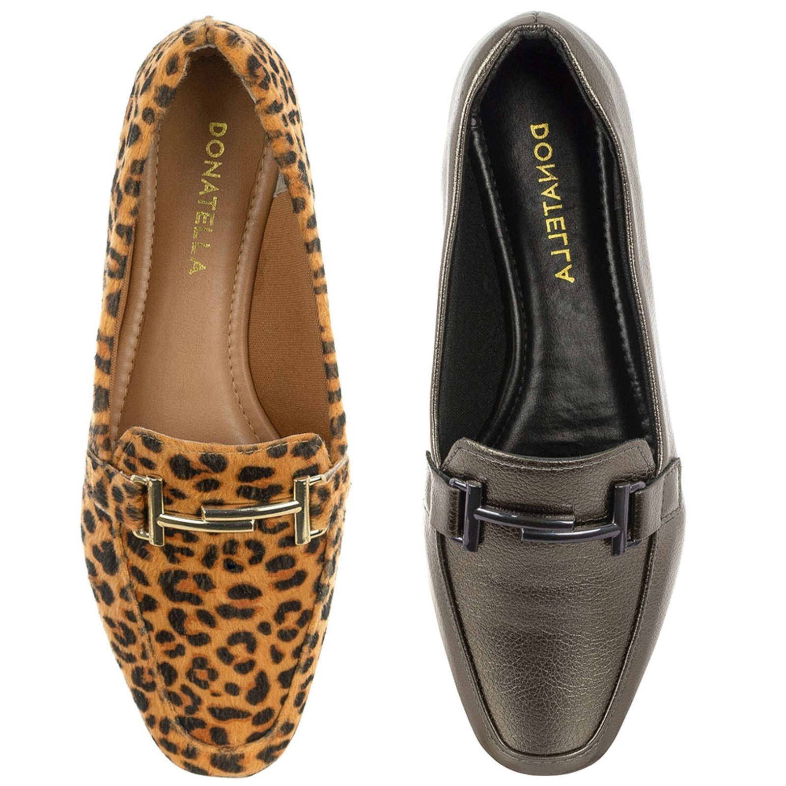 Kit 2 Pares Sapato Feminino Mocassim CM Calçados Bico Quadrado Confort Onça e Prata Velho