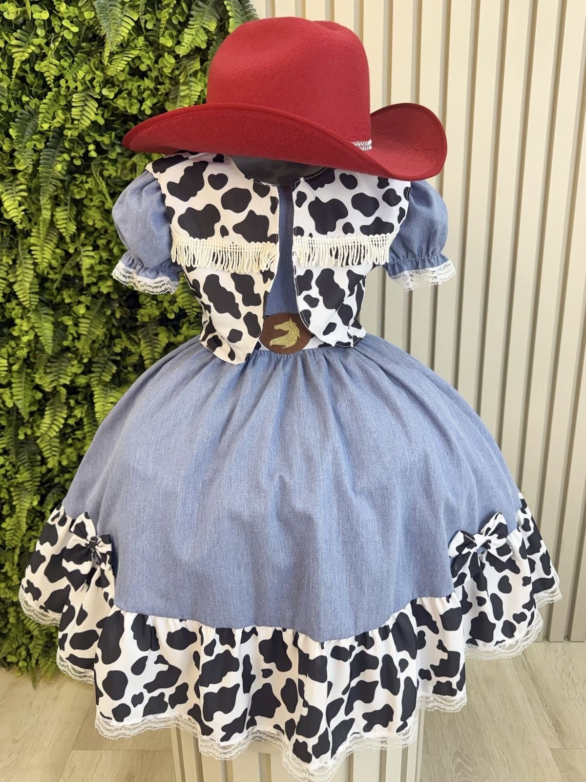 Infantil - Vestido Festa Jeans Fazendinha Franja Xadrez Vaquinha Aniversário Temático Luxo Social Menina Juvenil Rodado Aniversário
