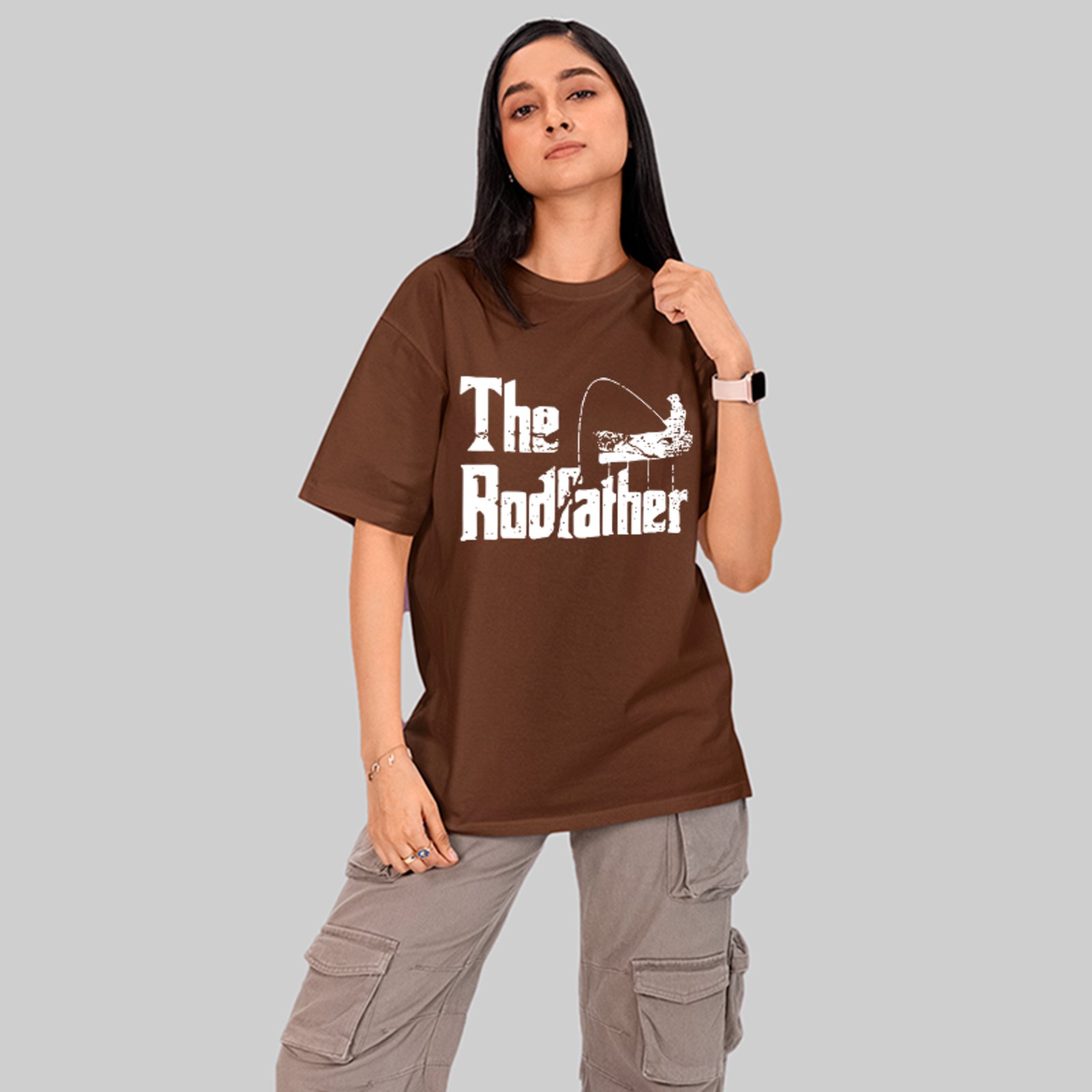 Camiseta Oversized The Rodfather Pesca Funny Unissex Marrom