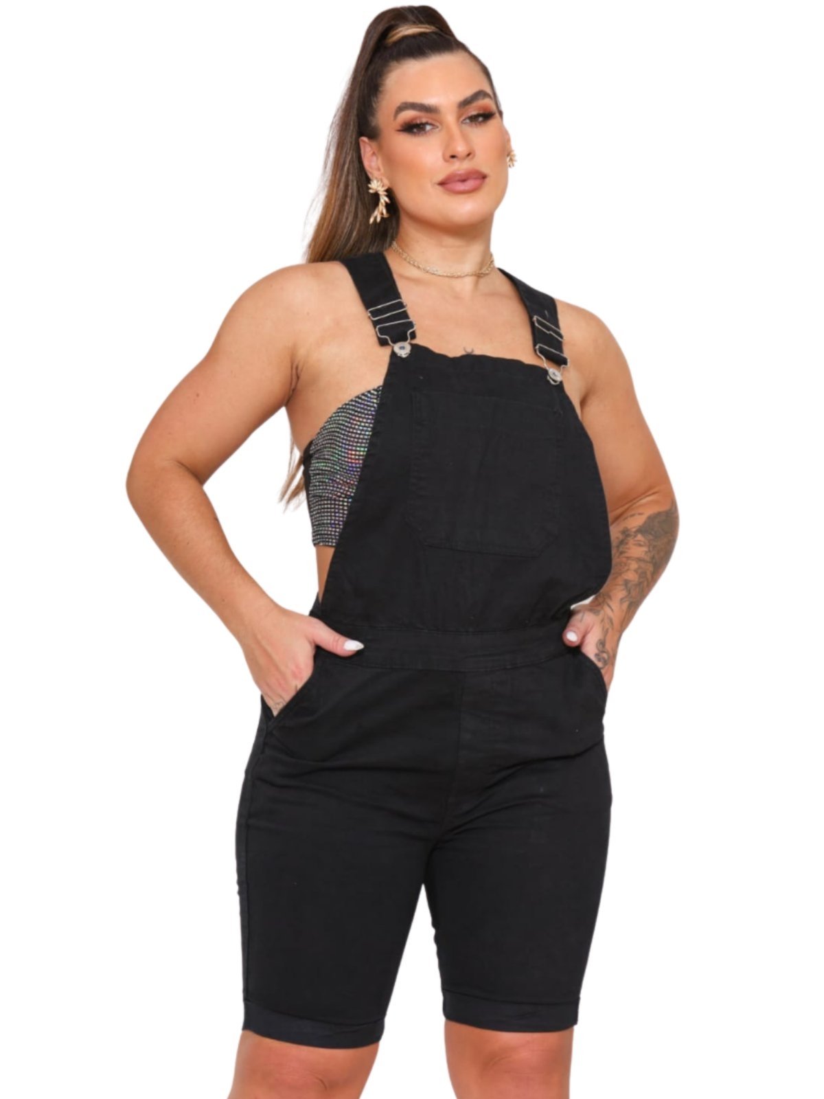 Macacão Feminino Jeans Light Curto Preto Jardineira