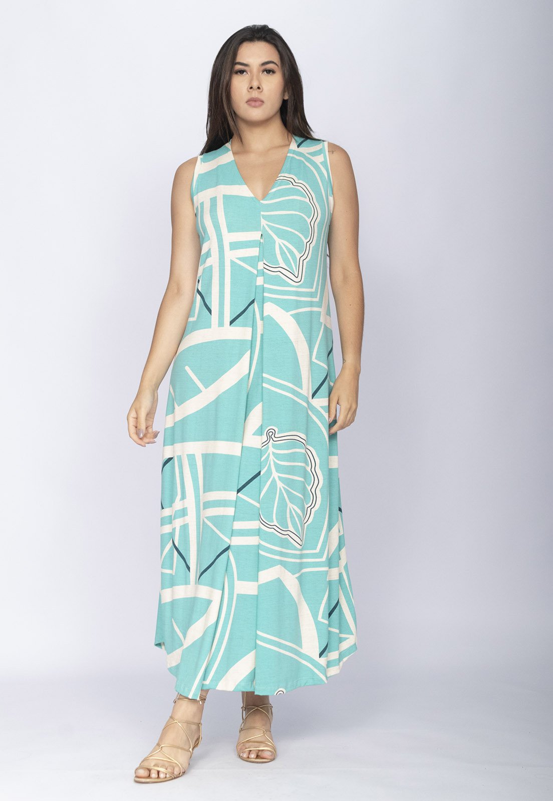 Vestido CabanaFree Longo Acará Malha Estampa Aqua Flora