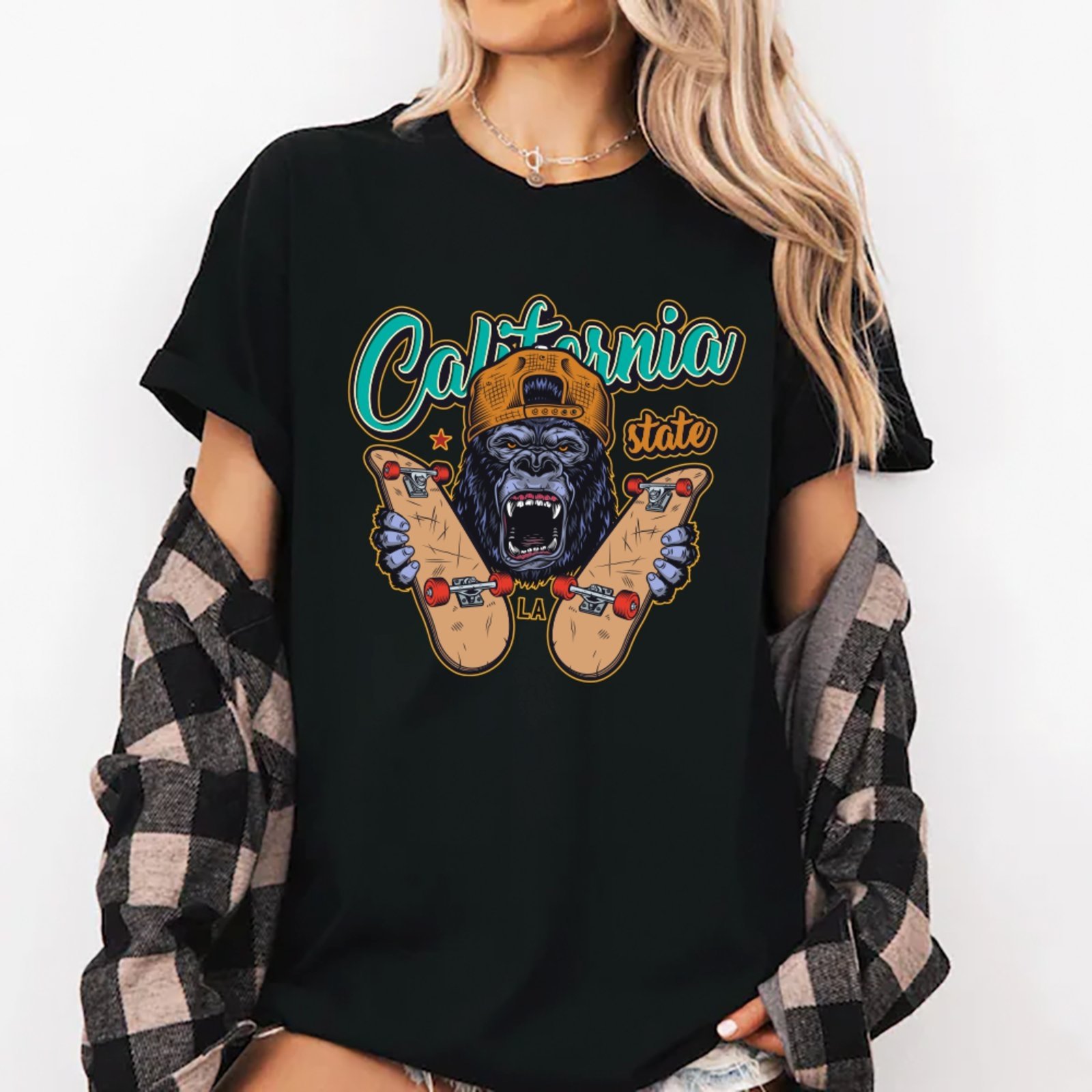 Camiseta Ousy California State Gorila Skate Oversized Unissex Preta