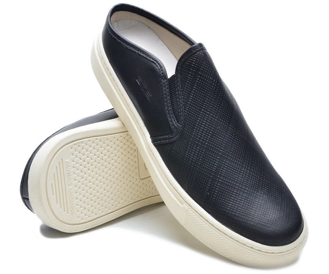 Tênis Mule Couro Casual Slip On Babuche Masculino Solado Flat Confortável Prático Versátil Preto