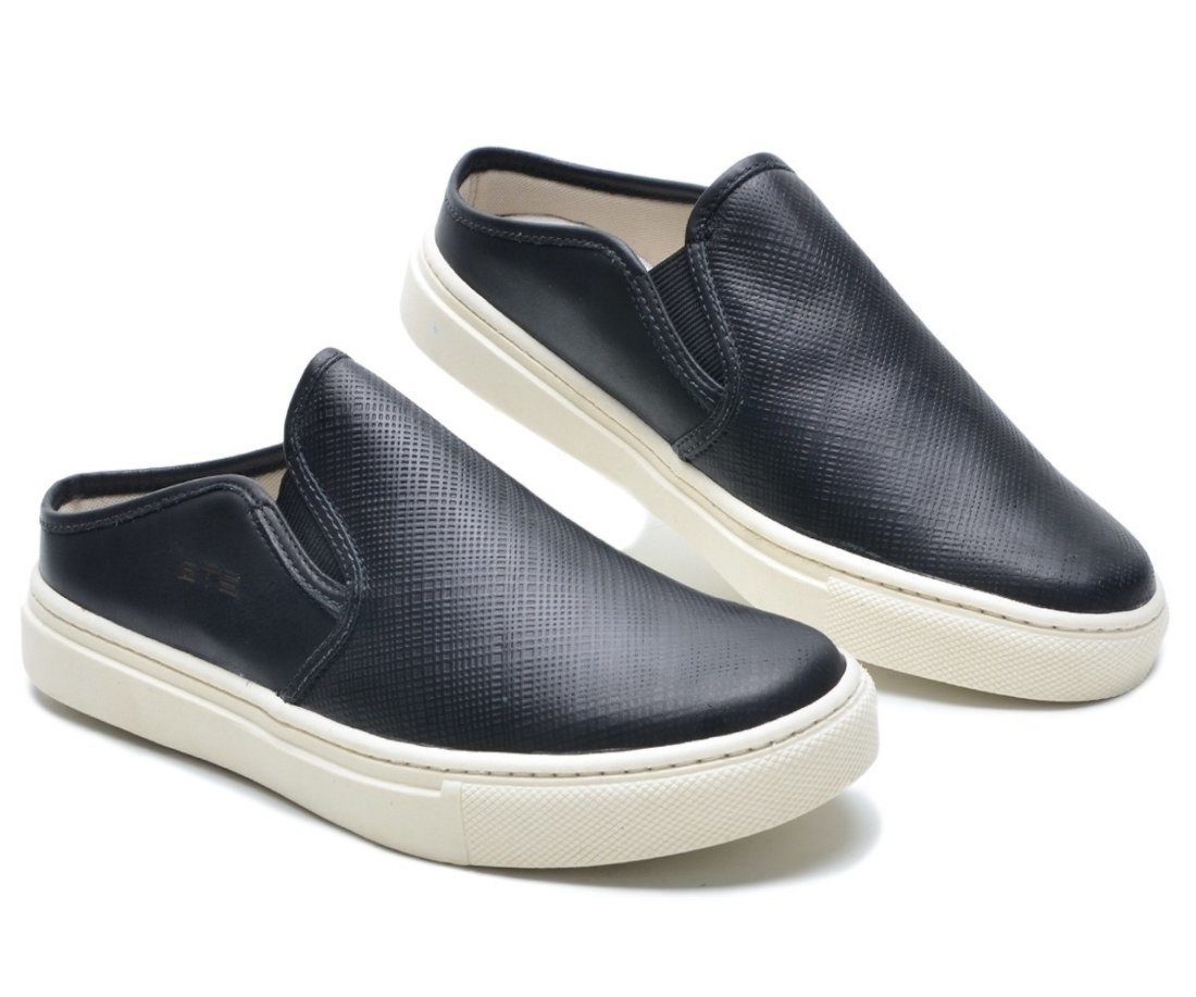 Vista 3 Tênis Mule Couro Casual Slip On Babuche Masculino Solado Flat Confortável Prático Versátil FRANCA GRIFFE preto FRANCA GRIFFE preto