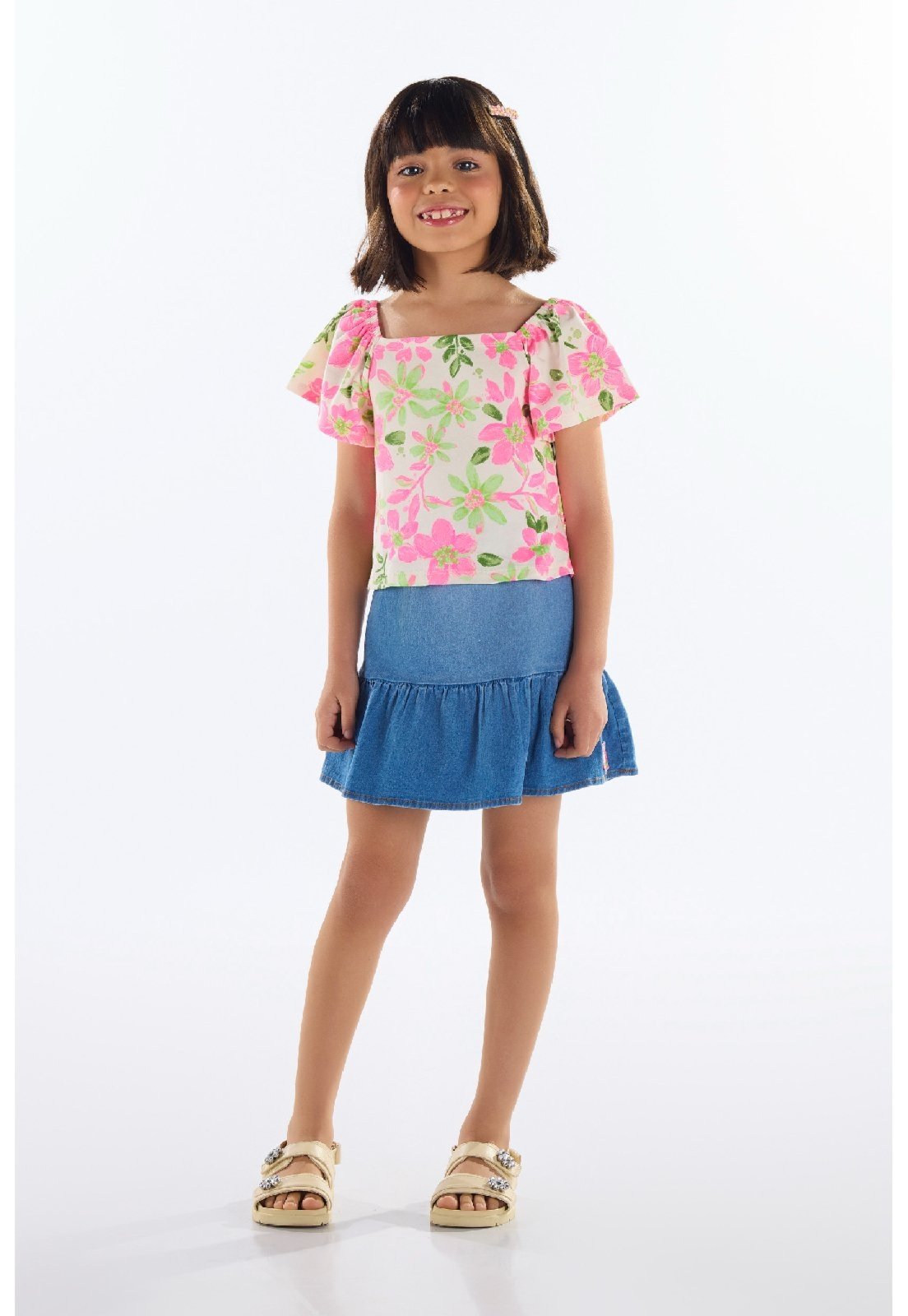 Infantil – Conjunto Blusa e Saia Jeans Menina Quimby Rosa