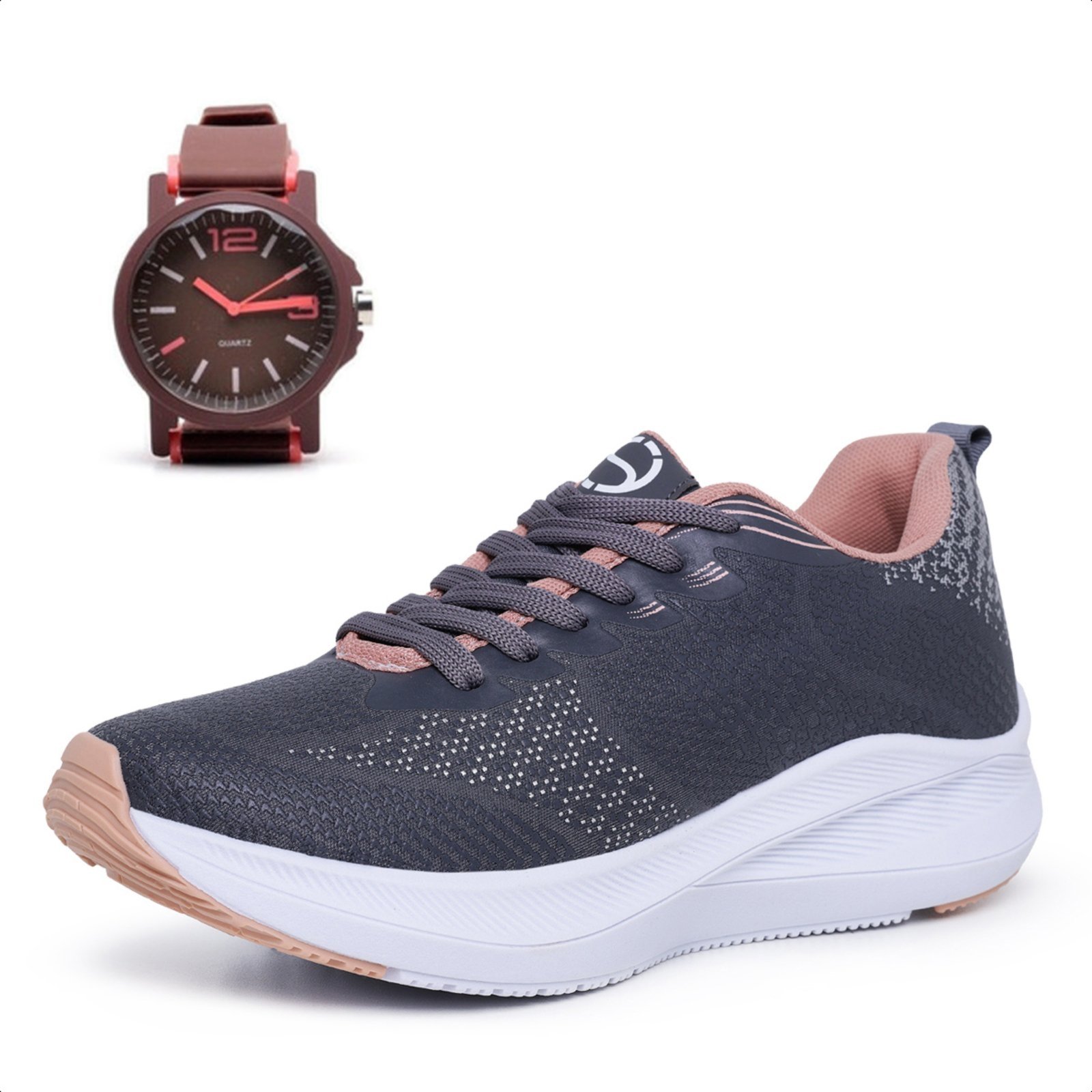 Tênis Feminino Esportivo Ousy Shoes Treino Caminhada Academia Leve Confortável Combo Mais Relógio Grafite