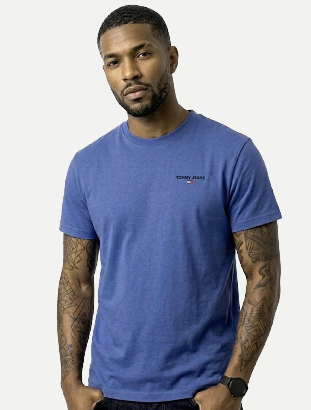 Camiseta Tommy Jeans Masculina Slim Linear Chest Azul Médio