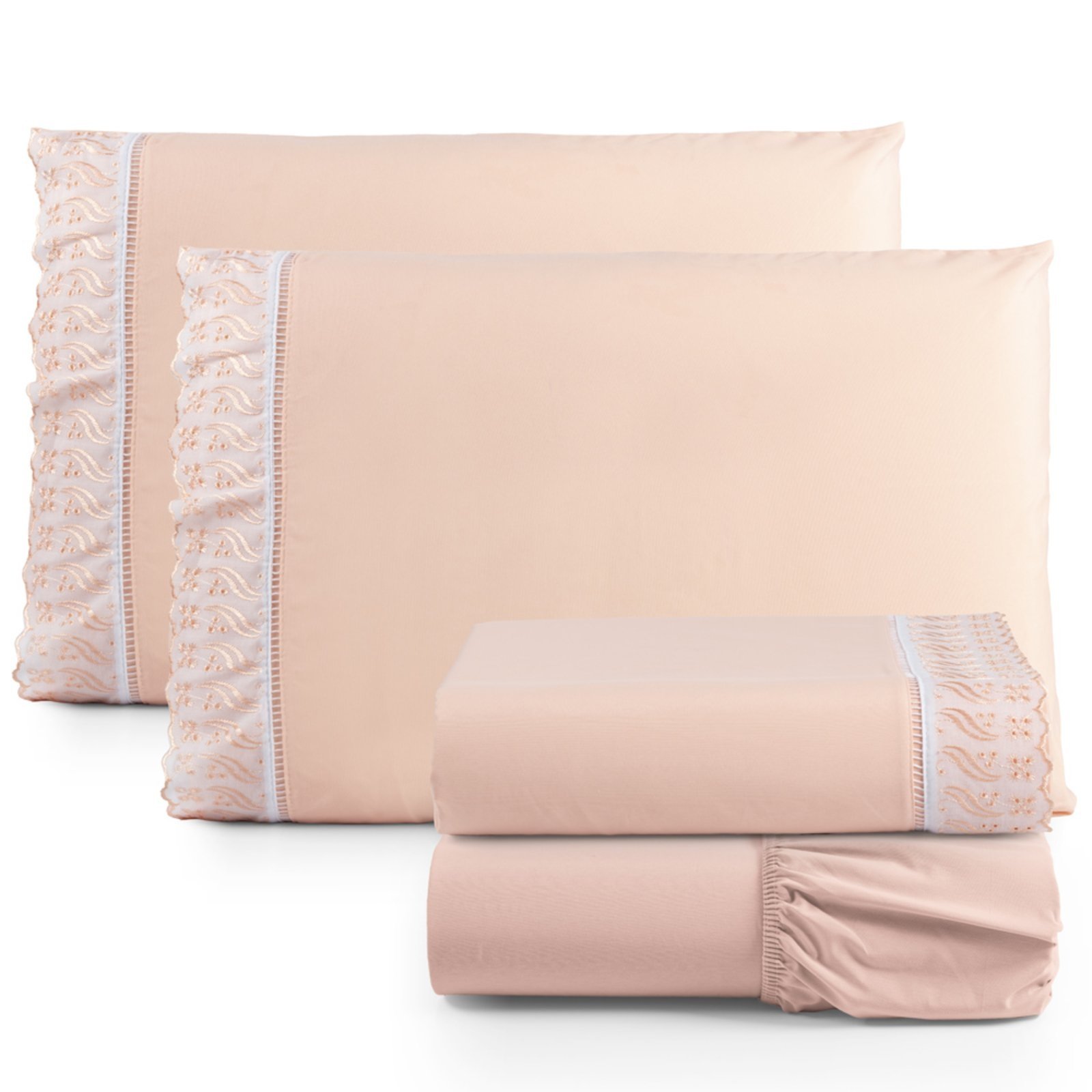 Jogo Cama Lençol Casa Scarpa Paris Queen Percal 180 Fios Algodão Lese Bordada 4 Peças - Salmão