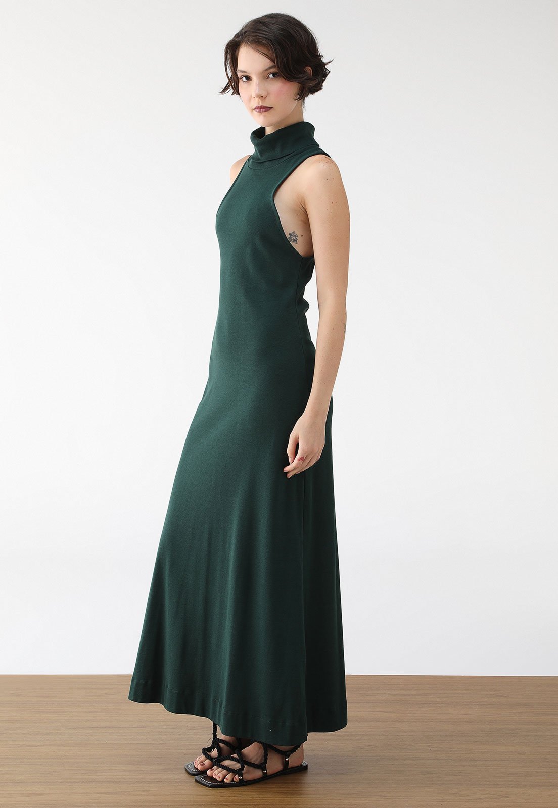 Vestido Canelado FARM Longo Liso Verde