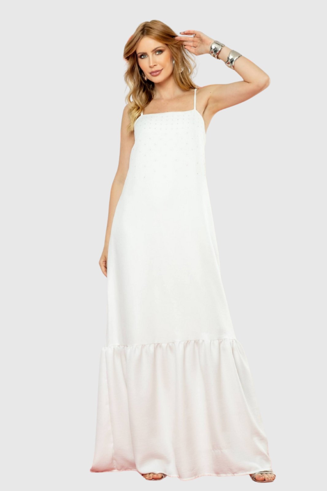 Vestido Feminino Amora Café Longo com Strass Branco