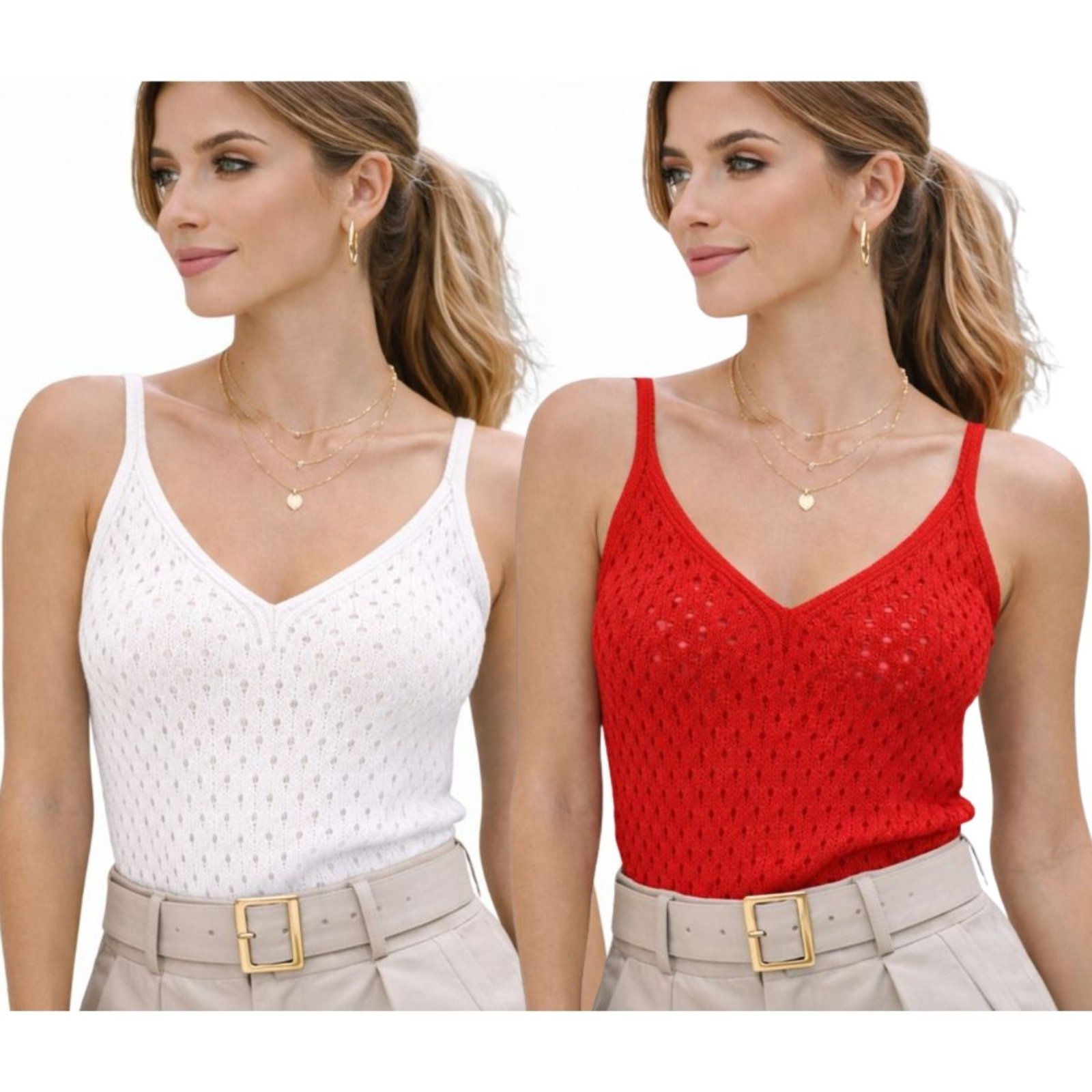Vista 2 Kit 2 Blusas Regata Feminina Tricô Alça Fina Decote V FMF multicolorido FMF multicolorido