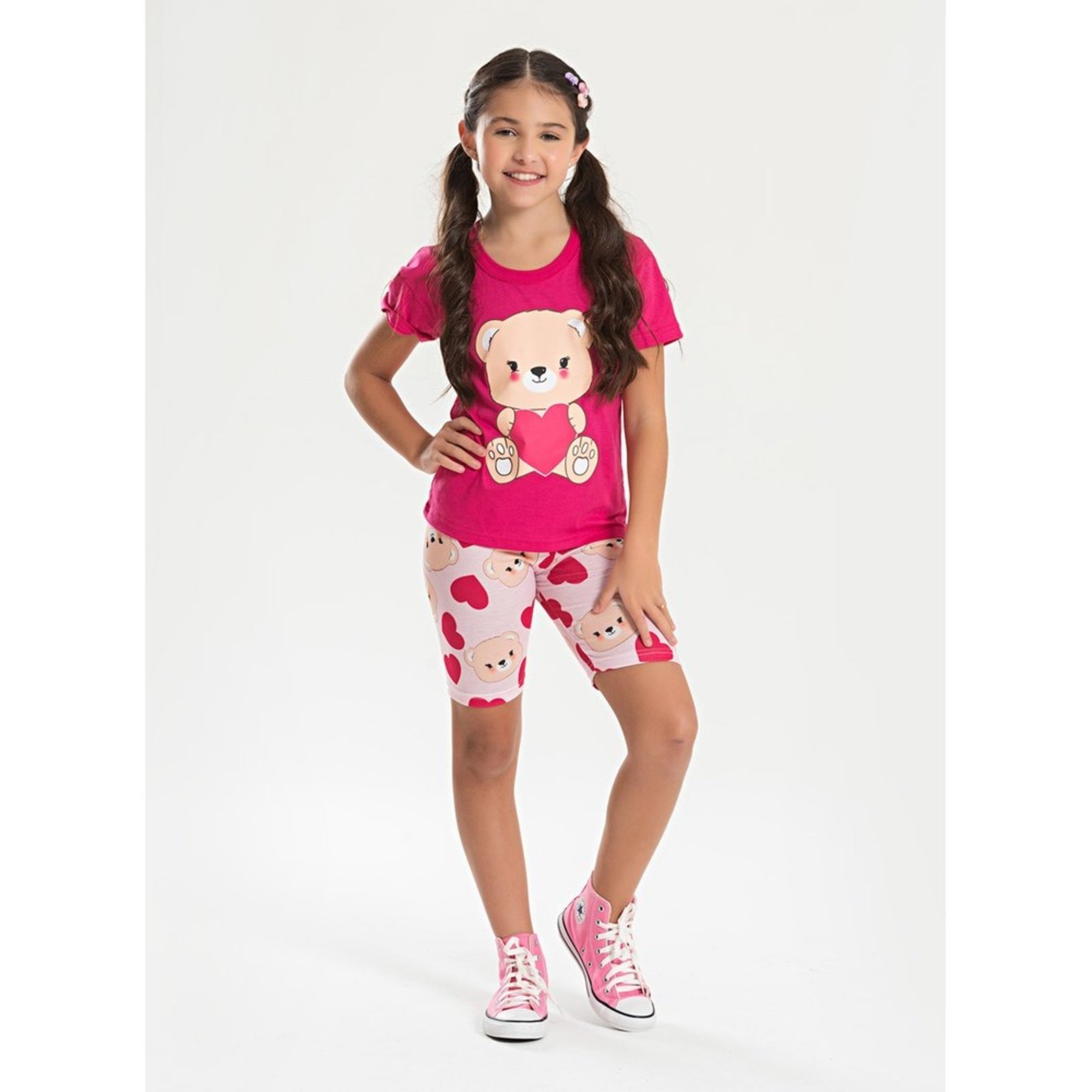 Infantil – Conjunto Verão Menina Pink Blusa e Shorts Ciclista Ursinho Coração