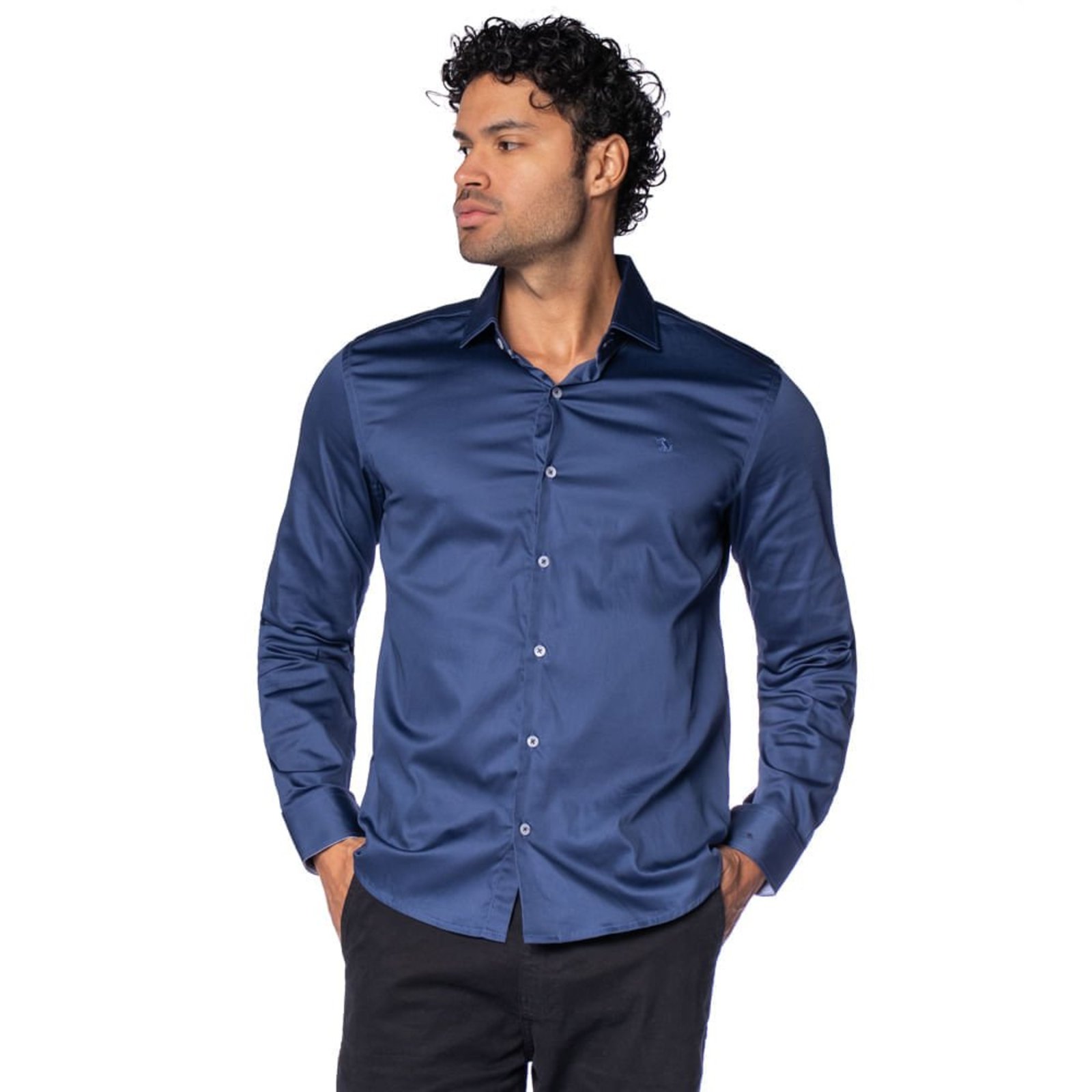 Camisa Masculina Amil Manga Longa Slim Elastano Azul Escuro