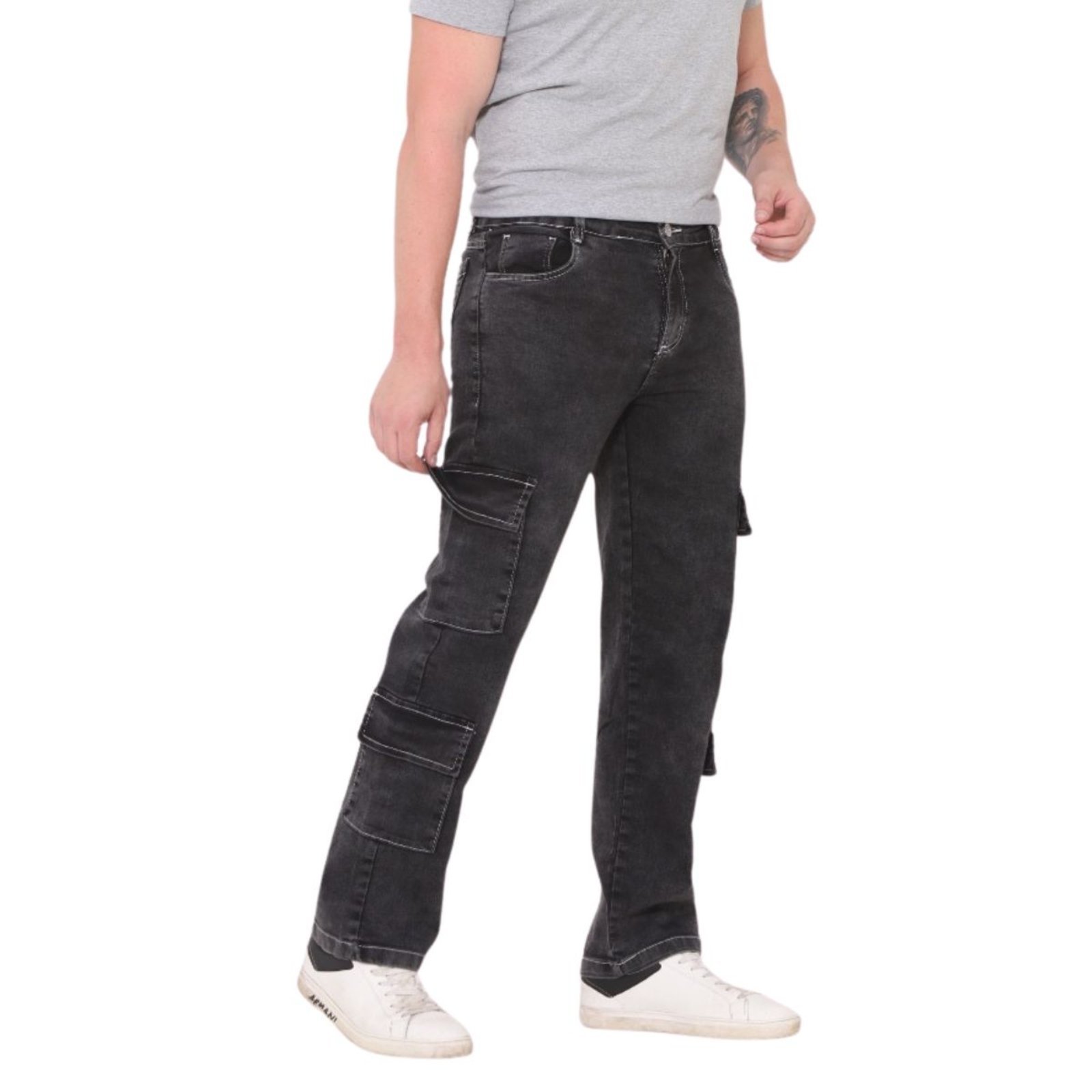 Calça Cargo 4 Bolsos Laterais Jeans Loka Masculina Grafite Linha Invertida