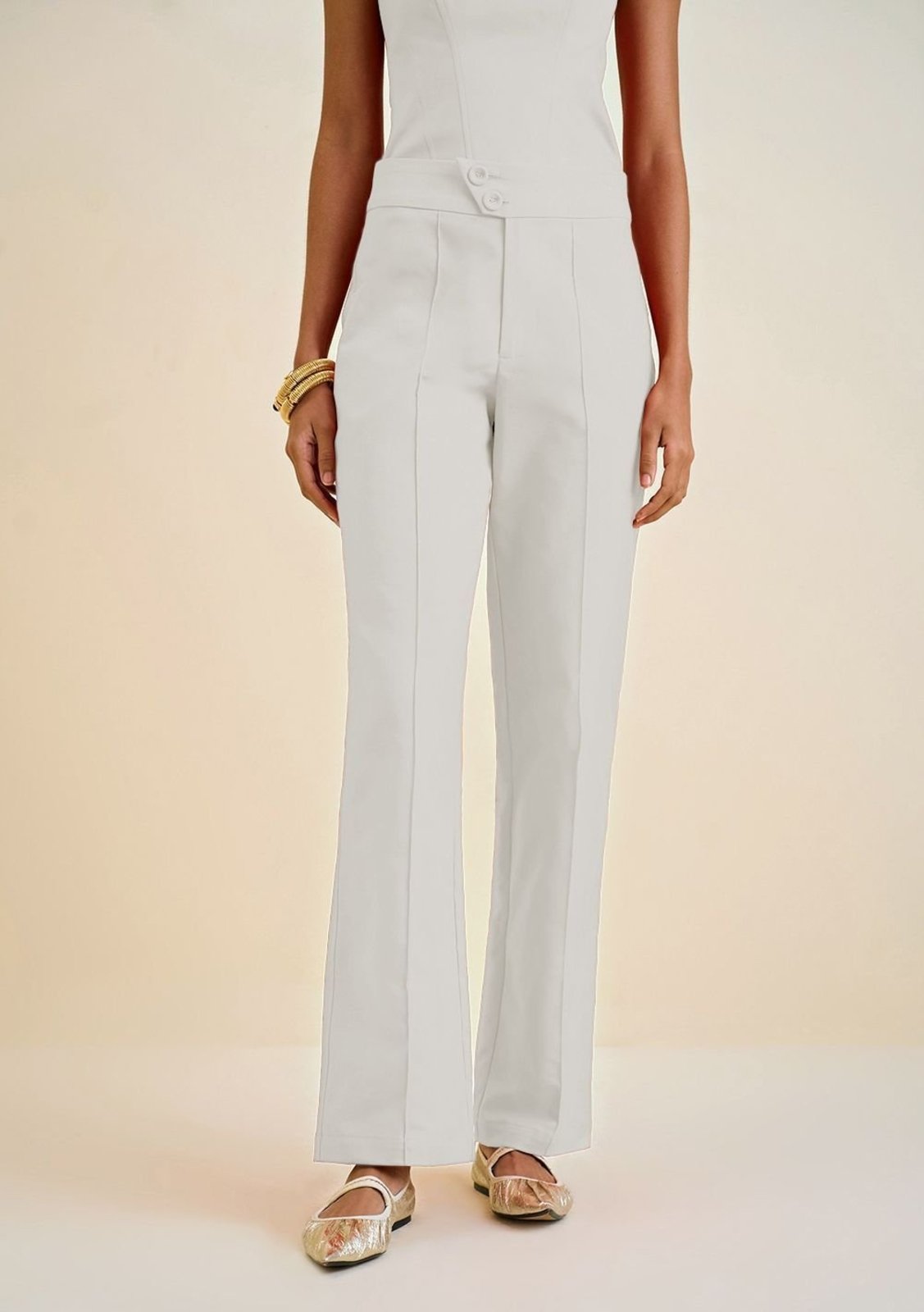 Calça Morena Rosa Reta Cós Alto Detalhe Cós - Off-white
