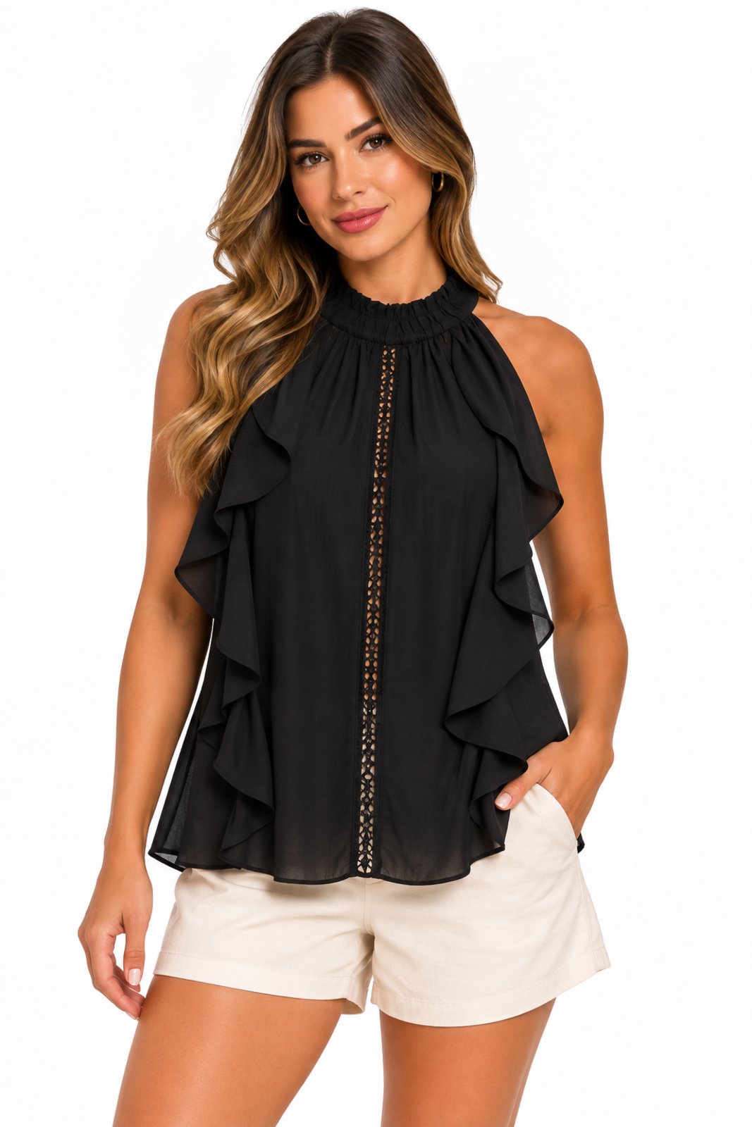 Blusa Bata Feminina D Bell Outlet Fashion Viscose com Babados Preto