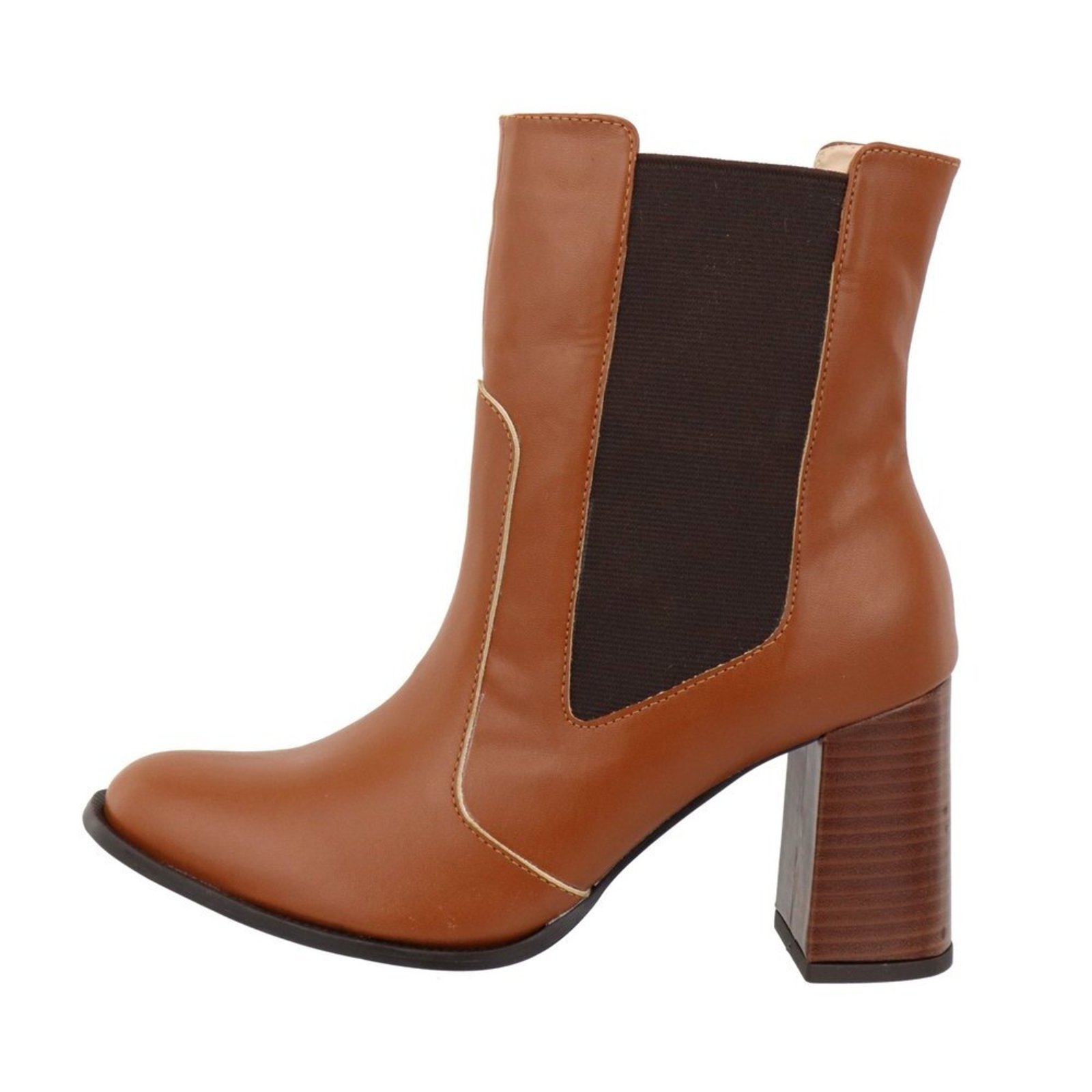 Bota Feminina LeRUCHEL Cano Curto Elástico Lateral Salto Grosso Canela