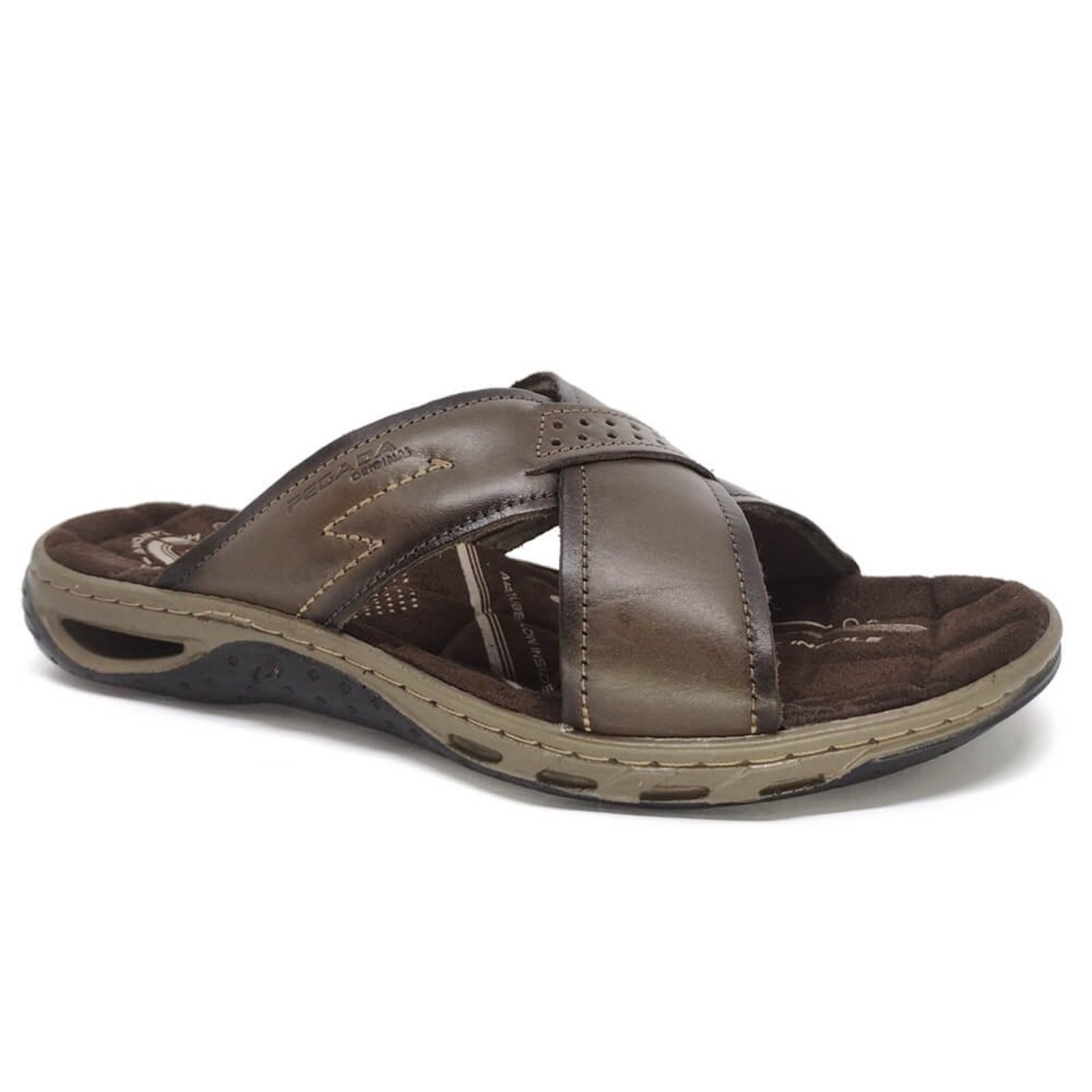 Chinelo Pegada Masculino Couro Amortech Tira Cruzada 131661 Marrom Cravo