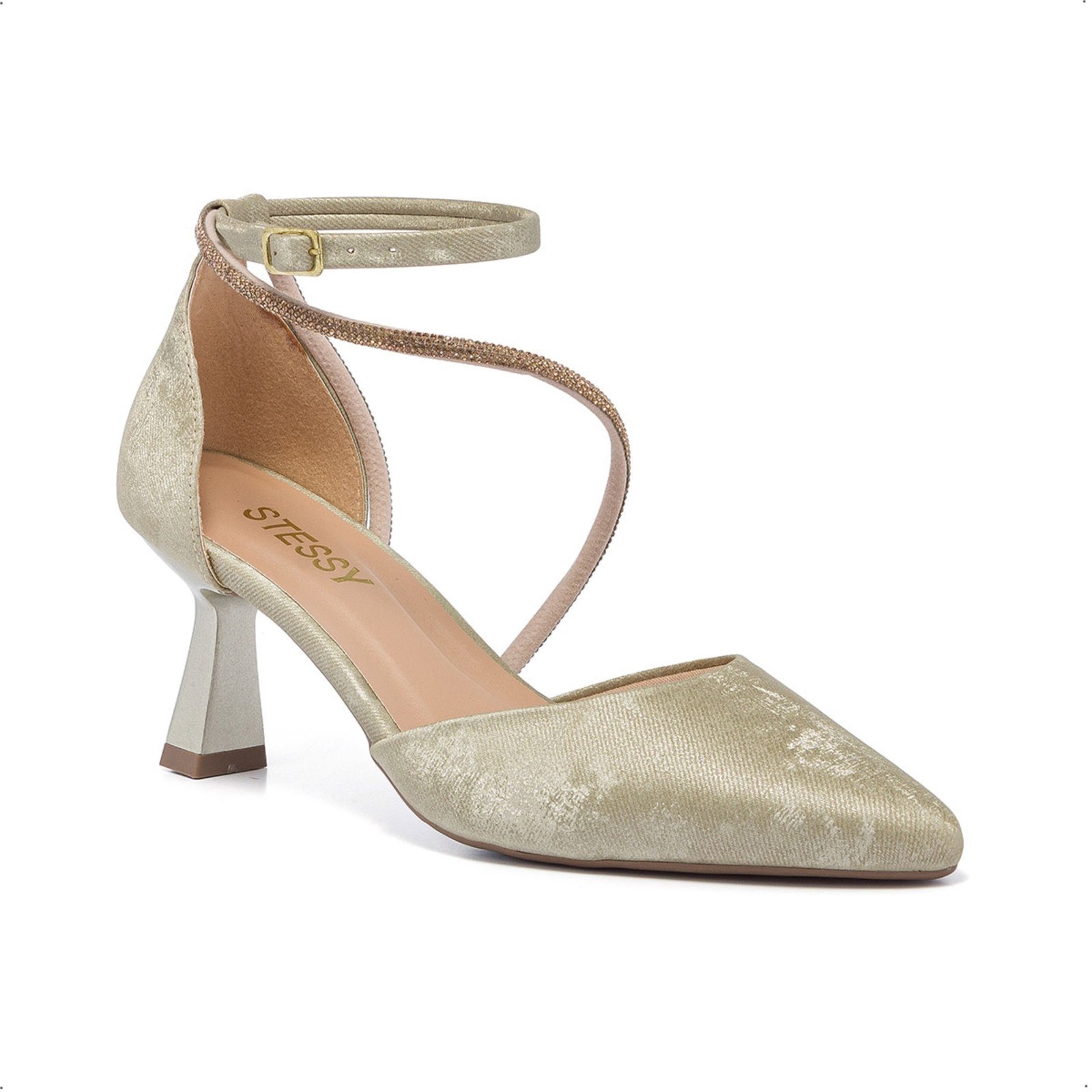 Vista 3 Scarpin Feminino Stessy Salto Taça Bico Fino Elegante Strass Luxo Velvet Ouro Light Stessy Shoes dourado Stessy Shoes dourado