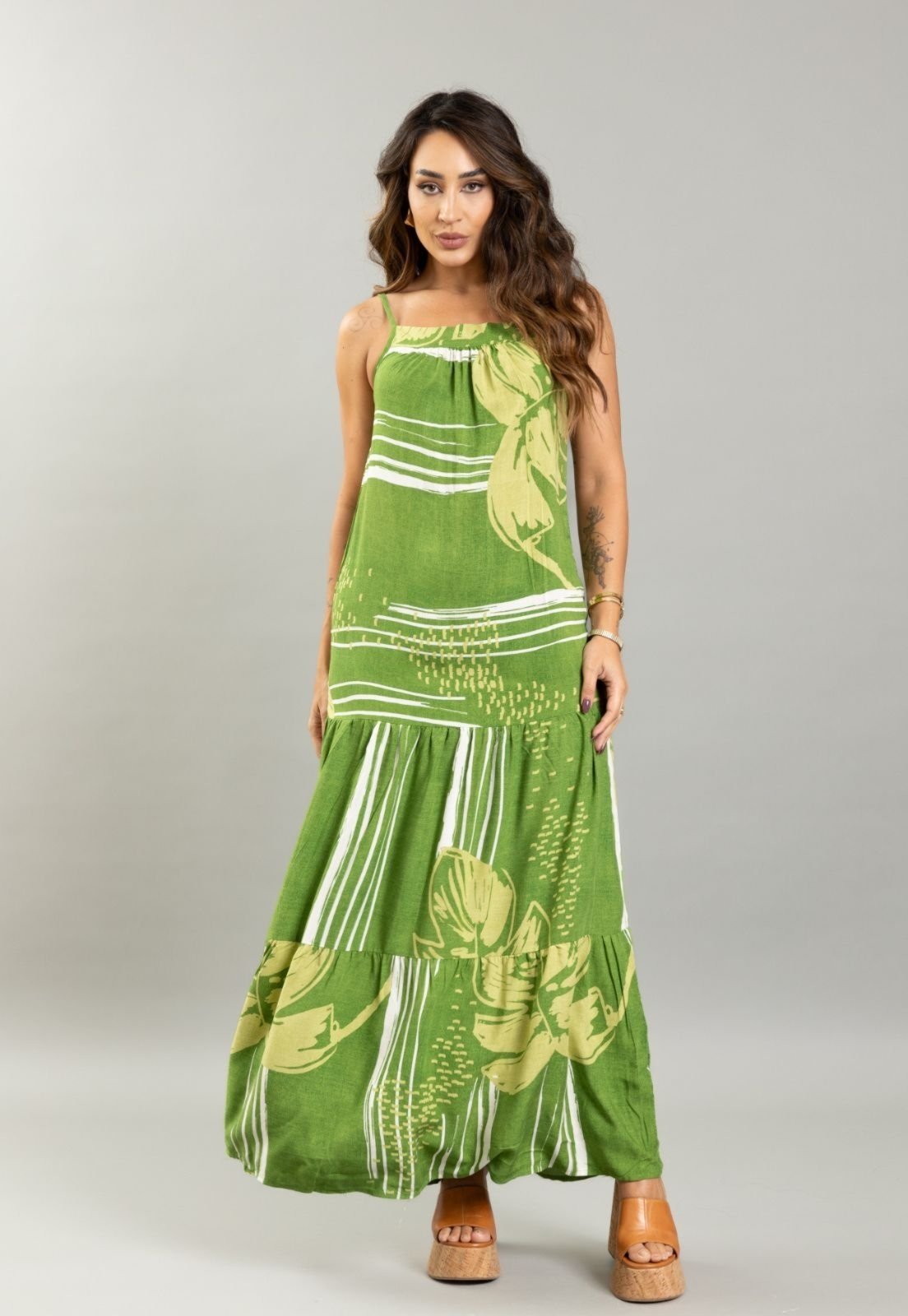Vestido Longo Verão Florido Soltinho Com Alças Ajustáveis Verde