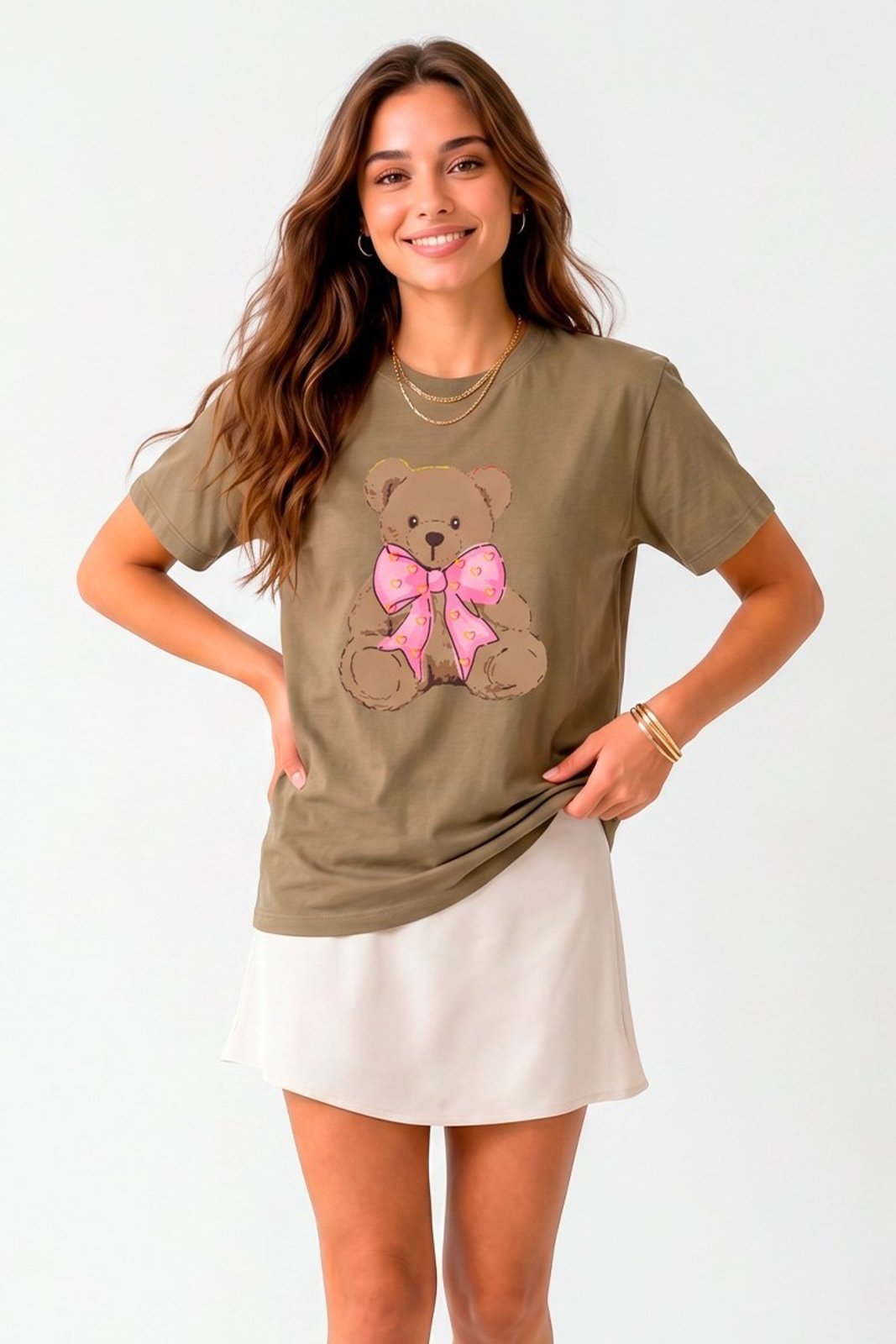 T-shirt Feminina Cianitsa Caqui Estampa Urso Retro