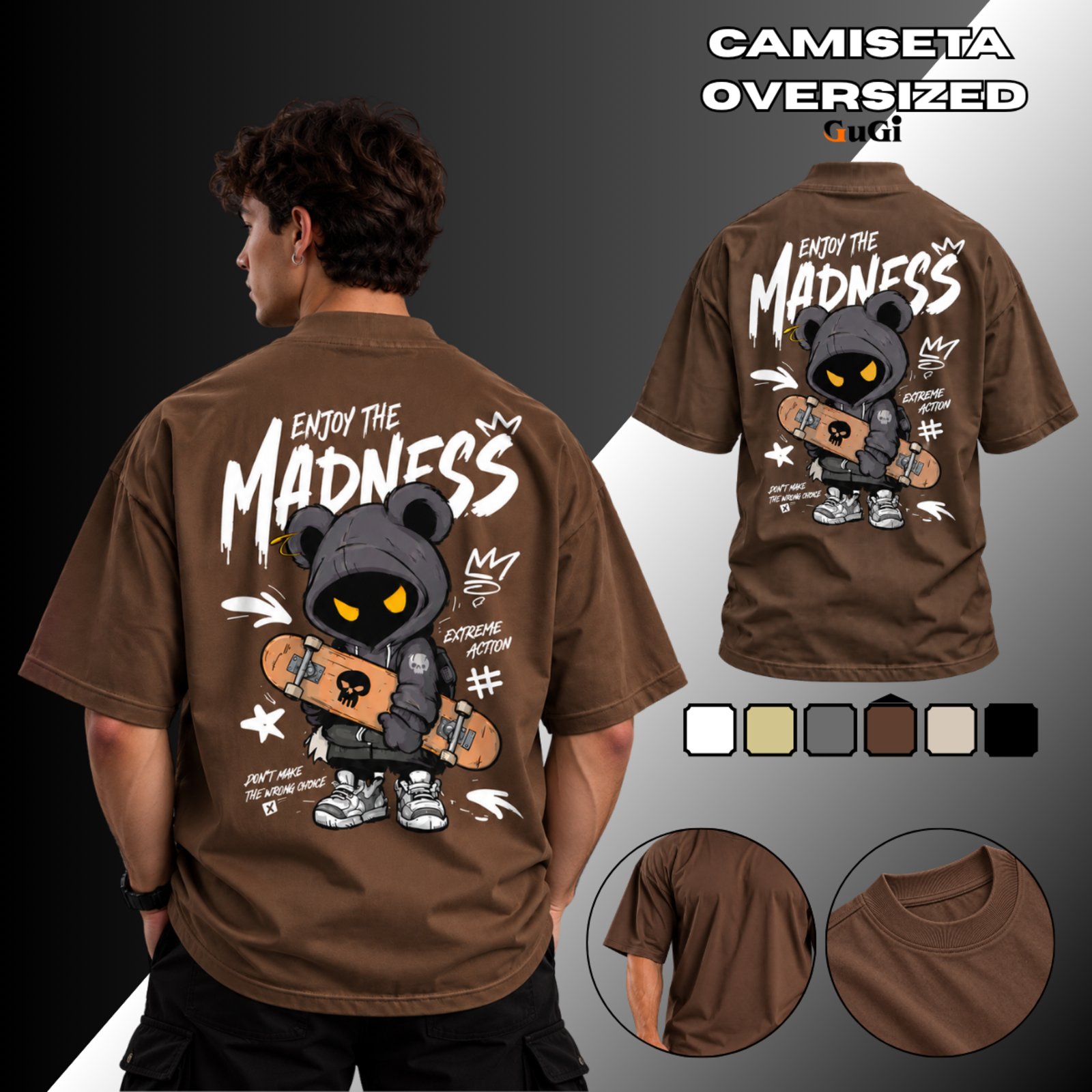Camiseta Masculina Oversized Madness Skate 100% Algodão 30.1 Marrom
