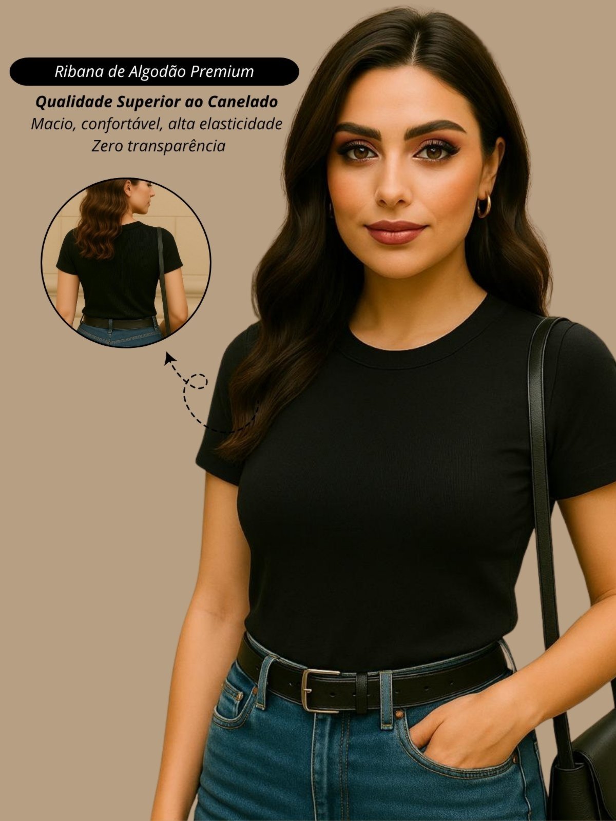 blusa feminina camiseta casual preto basica ribana canelado algodão premium