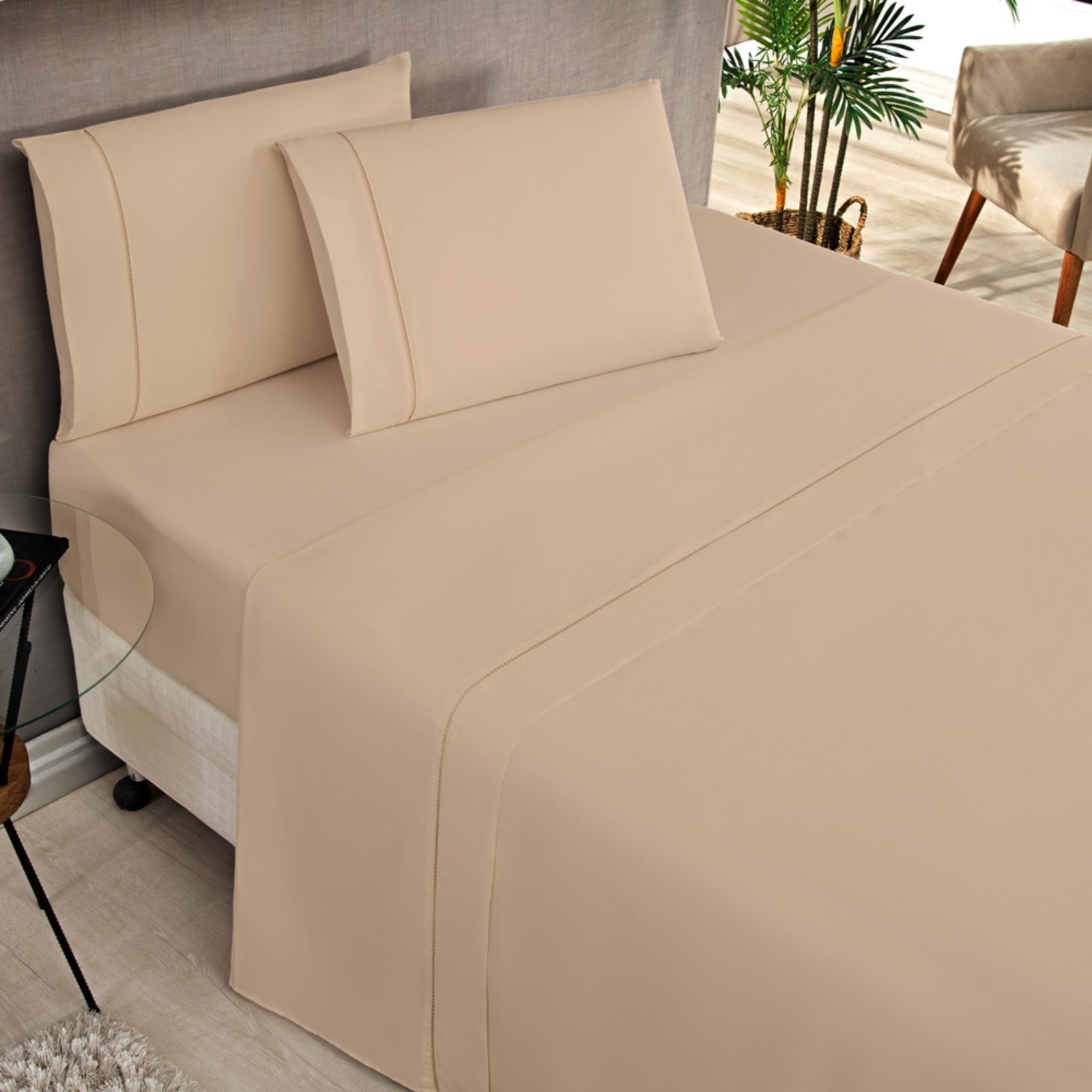 Jogo Cama Lençol Casa Scarpa Home Basic Solteiro 180 Fios c/ Ponto Palito 3 Peças - Bege