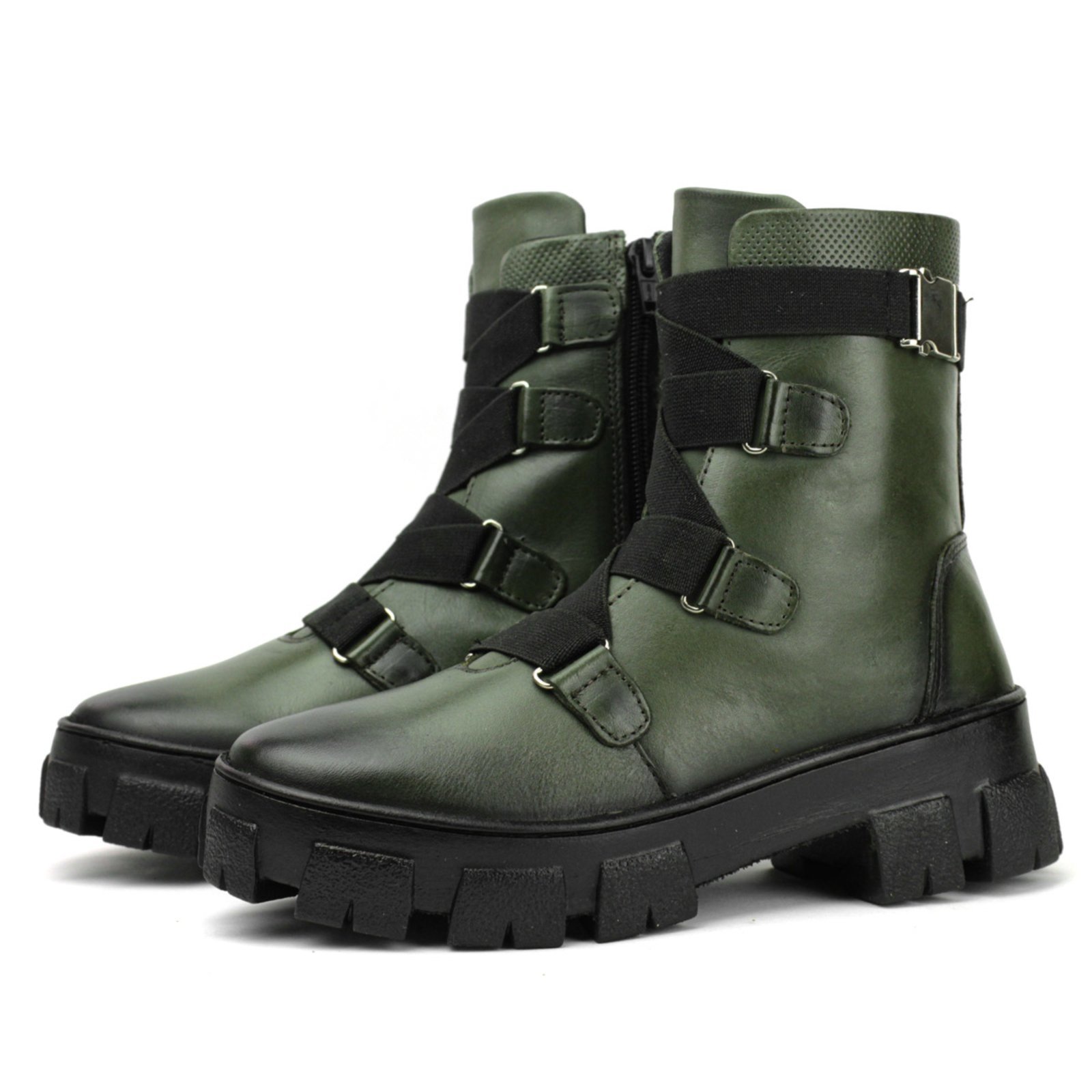 Coturno Couro Militar Feminino Tratorado Cano Médio Elásticos Ajustáveis Casual Verde Militar