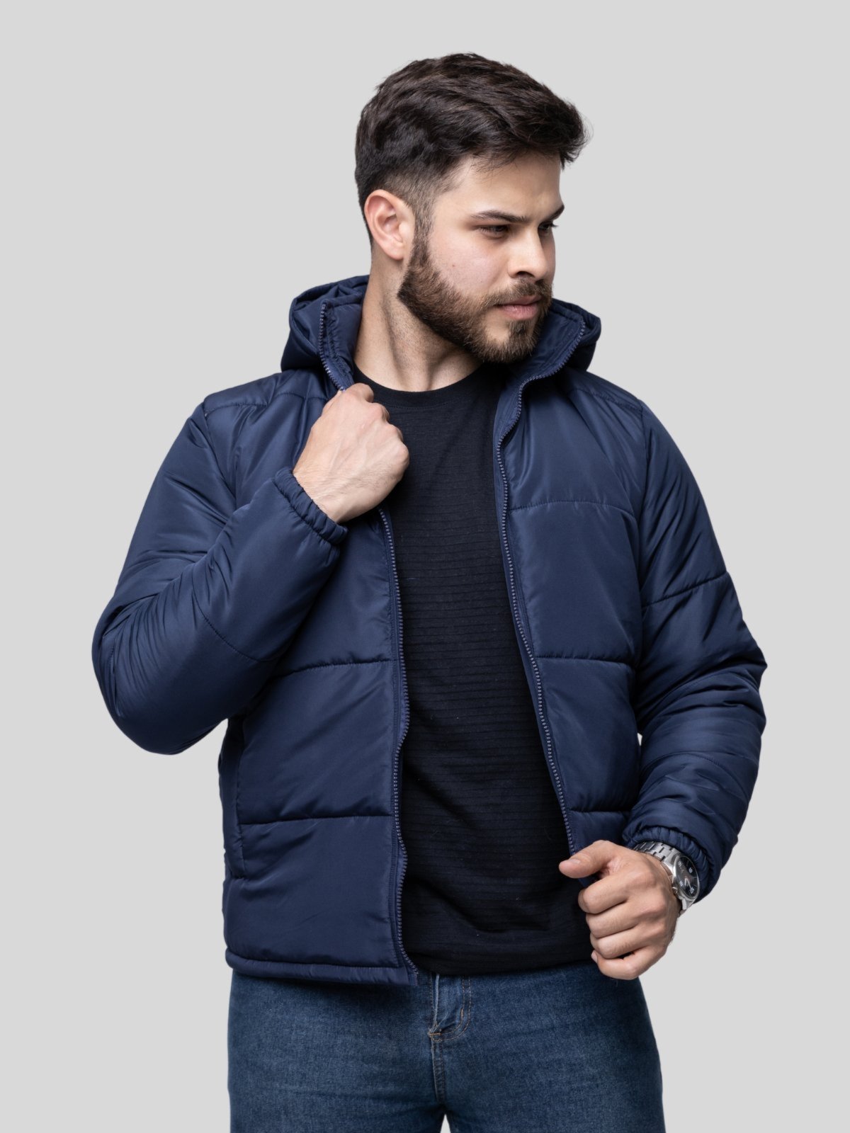 Jaqueta Puffer Bobojaco Masculina Com Capuz Removível Azul Marinho