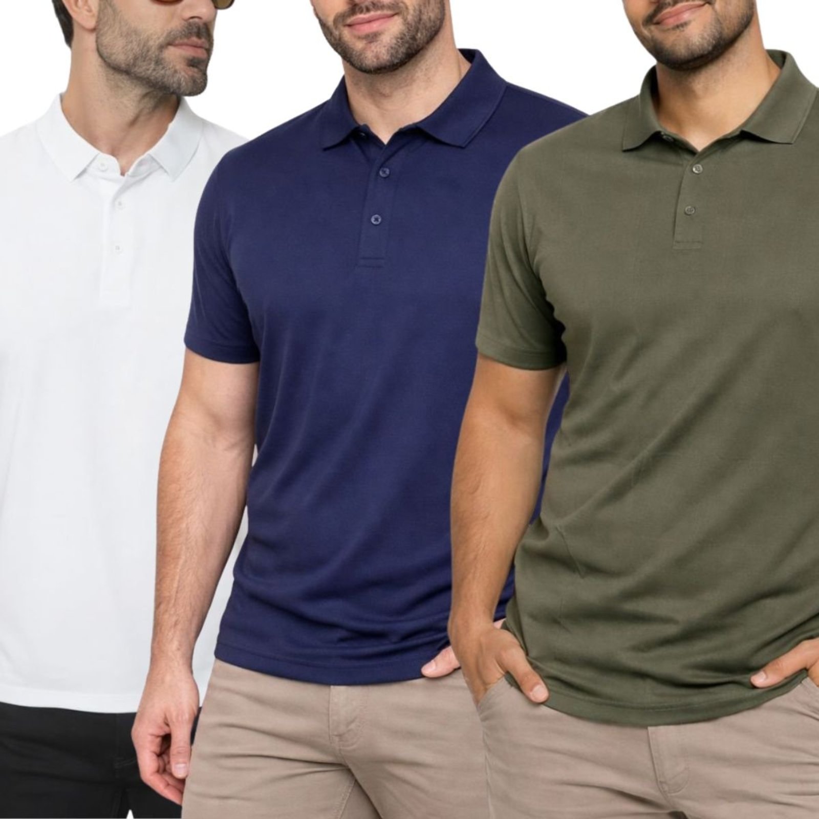 Kit 3 Camisas Polo Poliamida Masculina Básica Premium Multicolorido