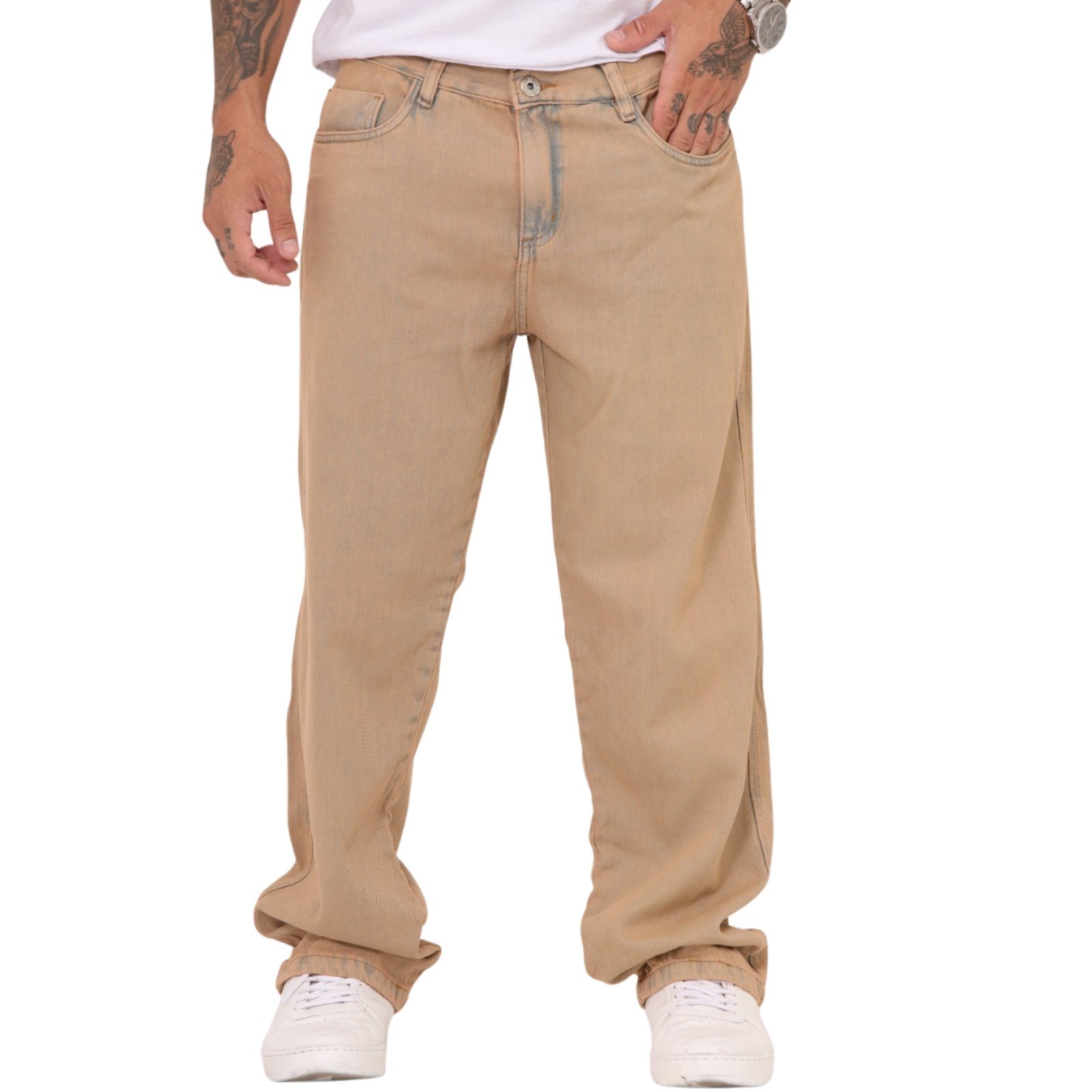 Calça Masculina Jeans Bege Reta Vintage