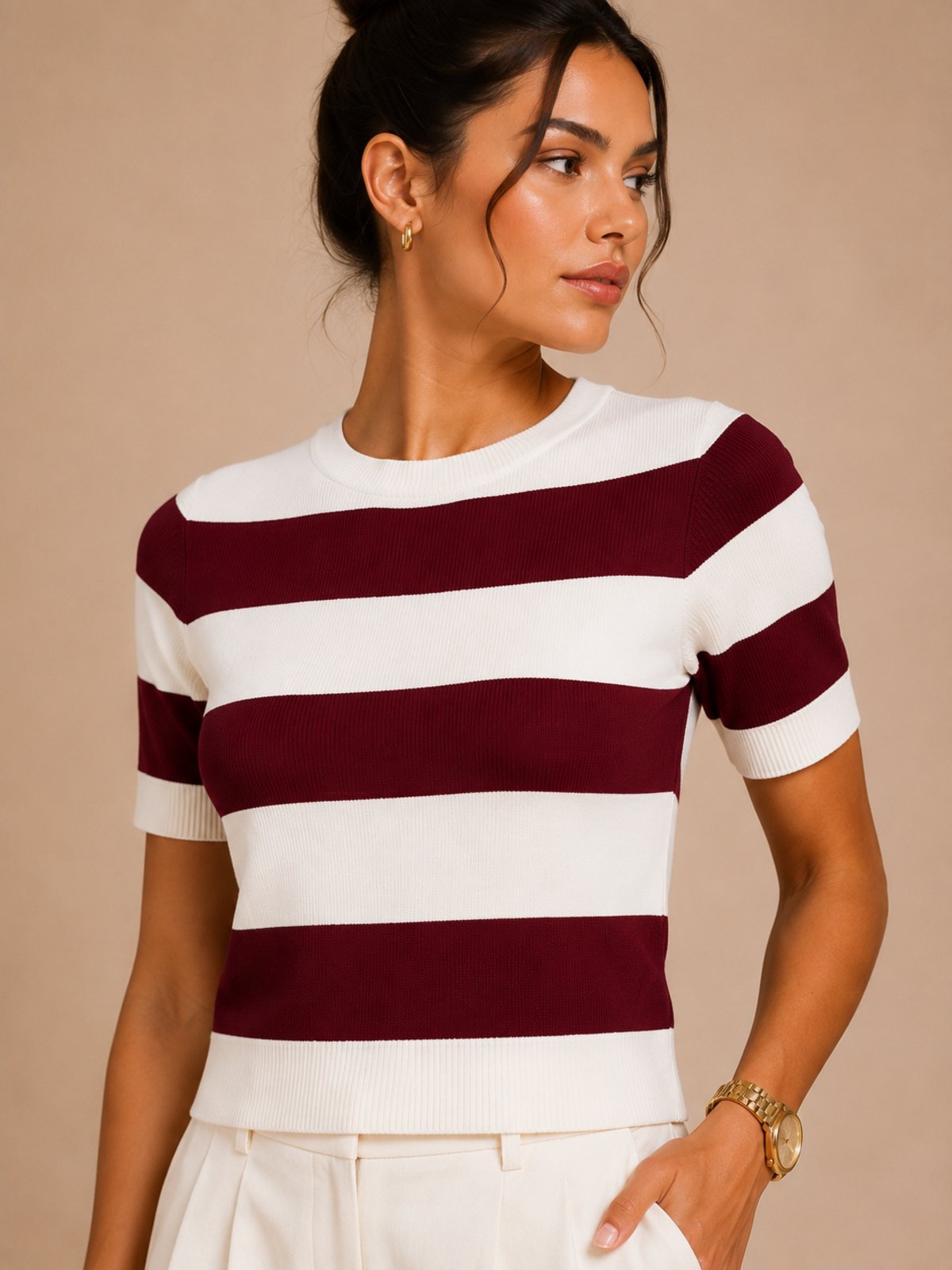 Blusa Feminina Modal Listrada Manga Curta Toque Macio Confortável Vinho