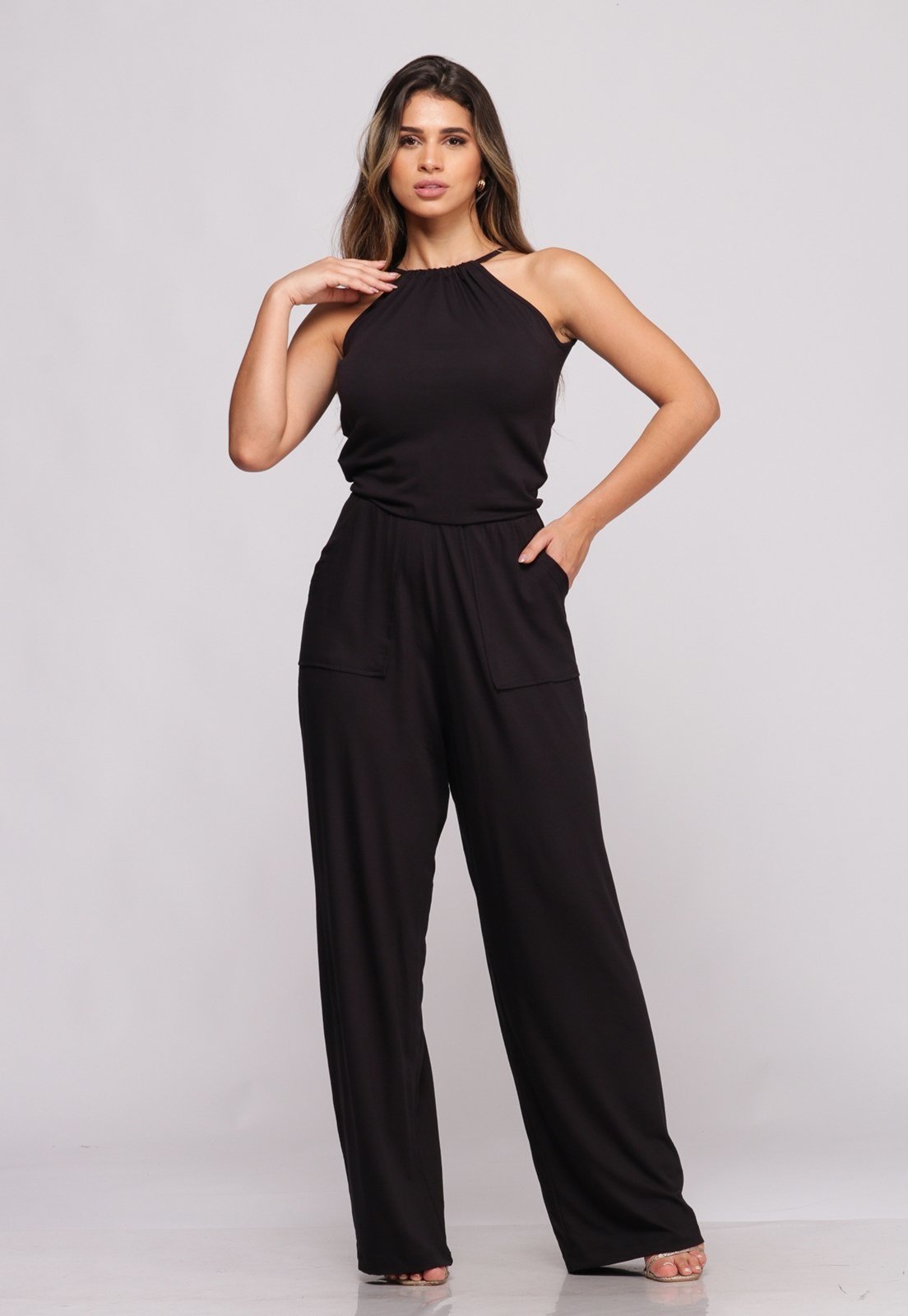 Macacão Pantalona Alças Finas B’Bonnie Larissa Preto