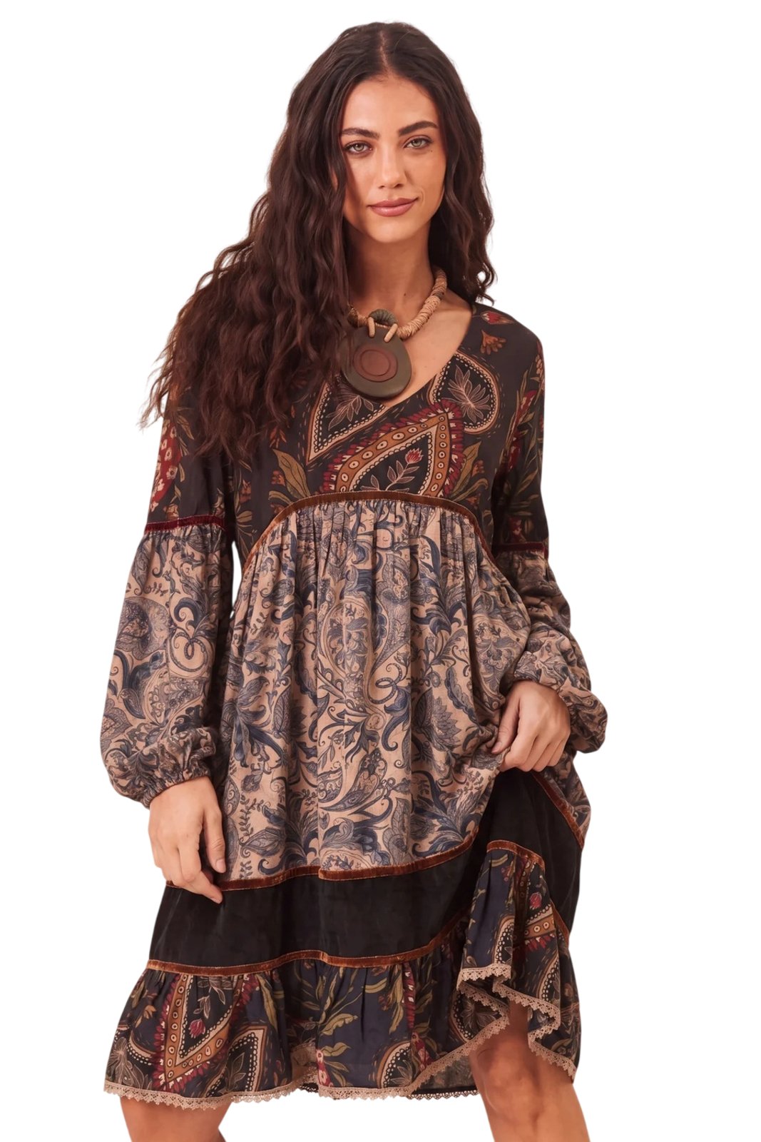 Vestido Curto Amplo Com Veludo Marrom Patchwork Yacamim C4 - Patchwork